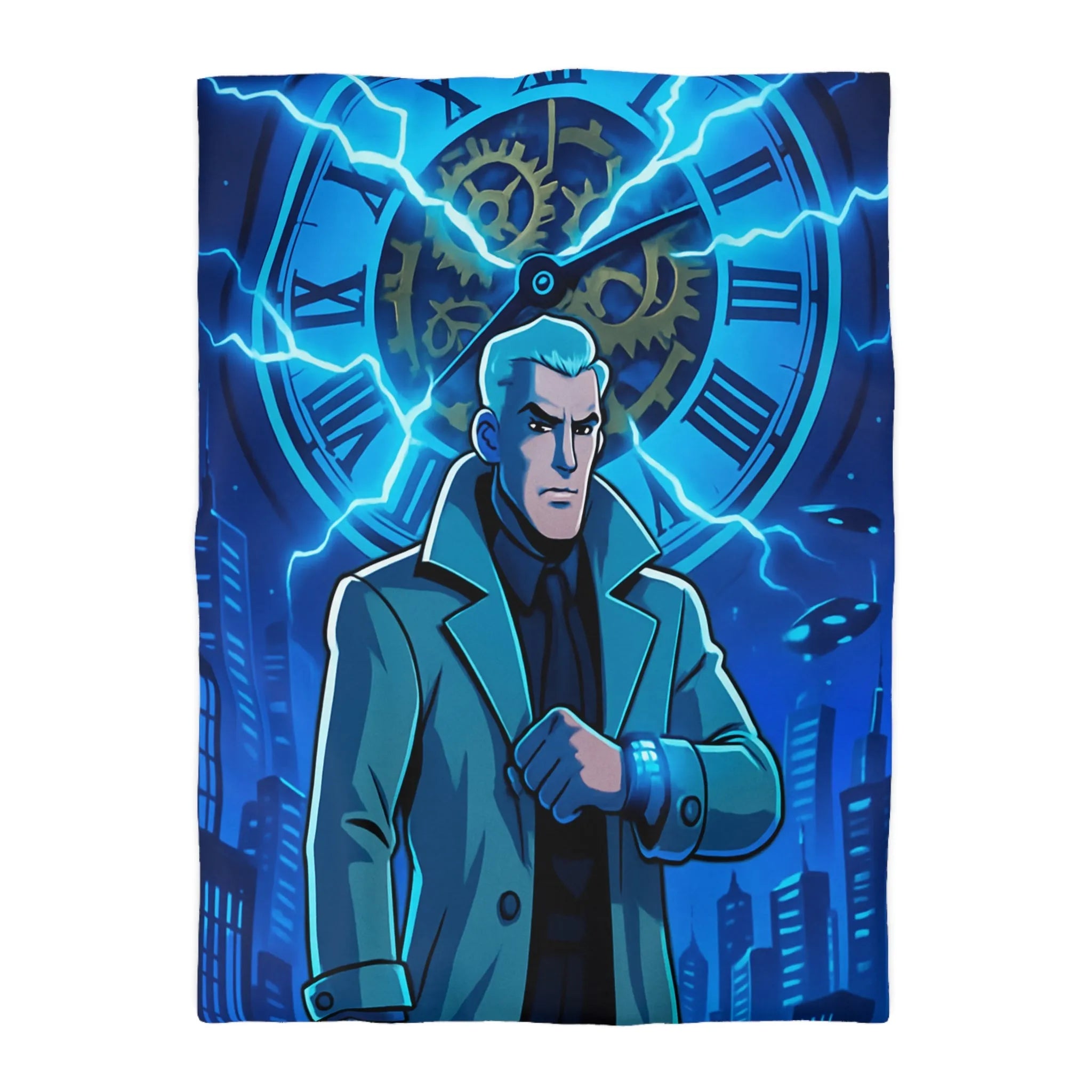 Housse de Couette Inspiration Futuriste avec Horloge Éclair et Personnage Mystérieux en Manteau