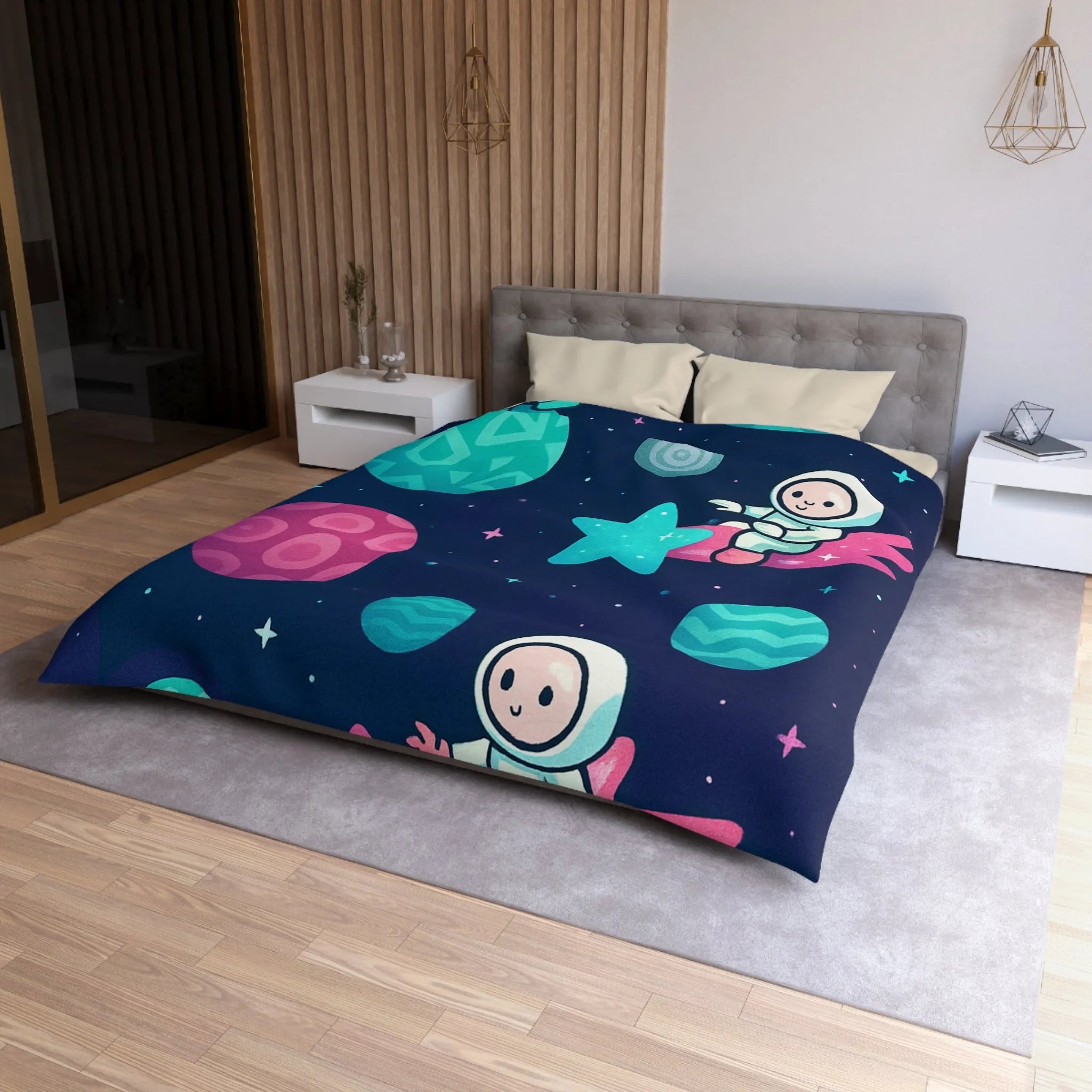 Explorez l'univers magique avec des astronautes joyeux sur fond stellaire pour enfants