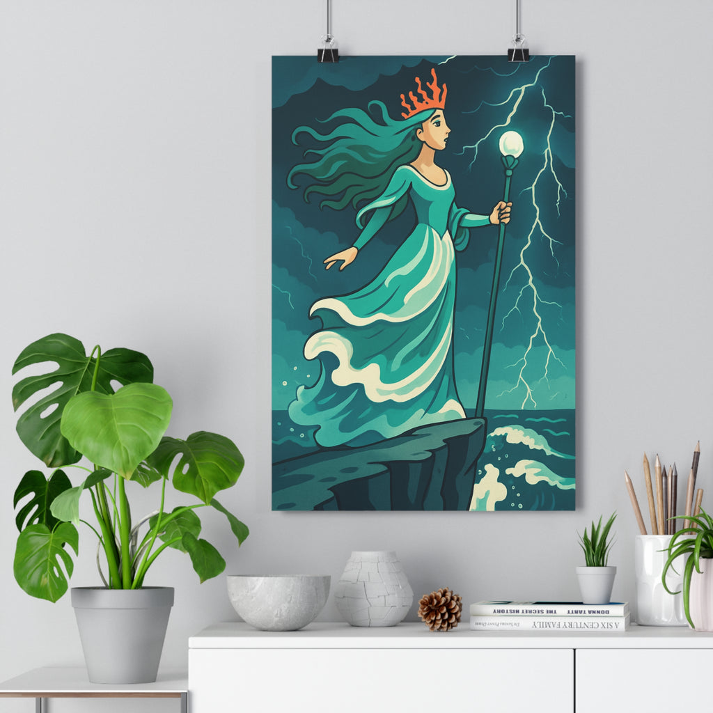 Poster décoratif bleu vert cartoon mystique majestueux femme océan chambre salon élégant naturel design