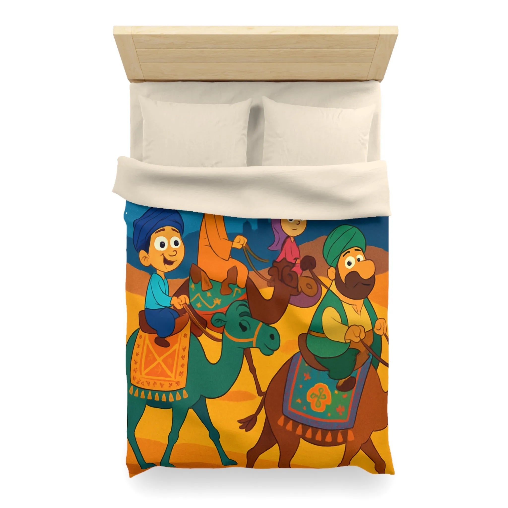 Housse de couette illustrée des enfants et chameaux sous un ciel étoilé magique