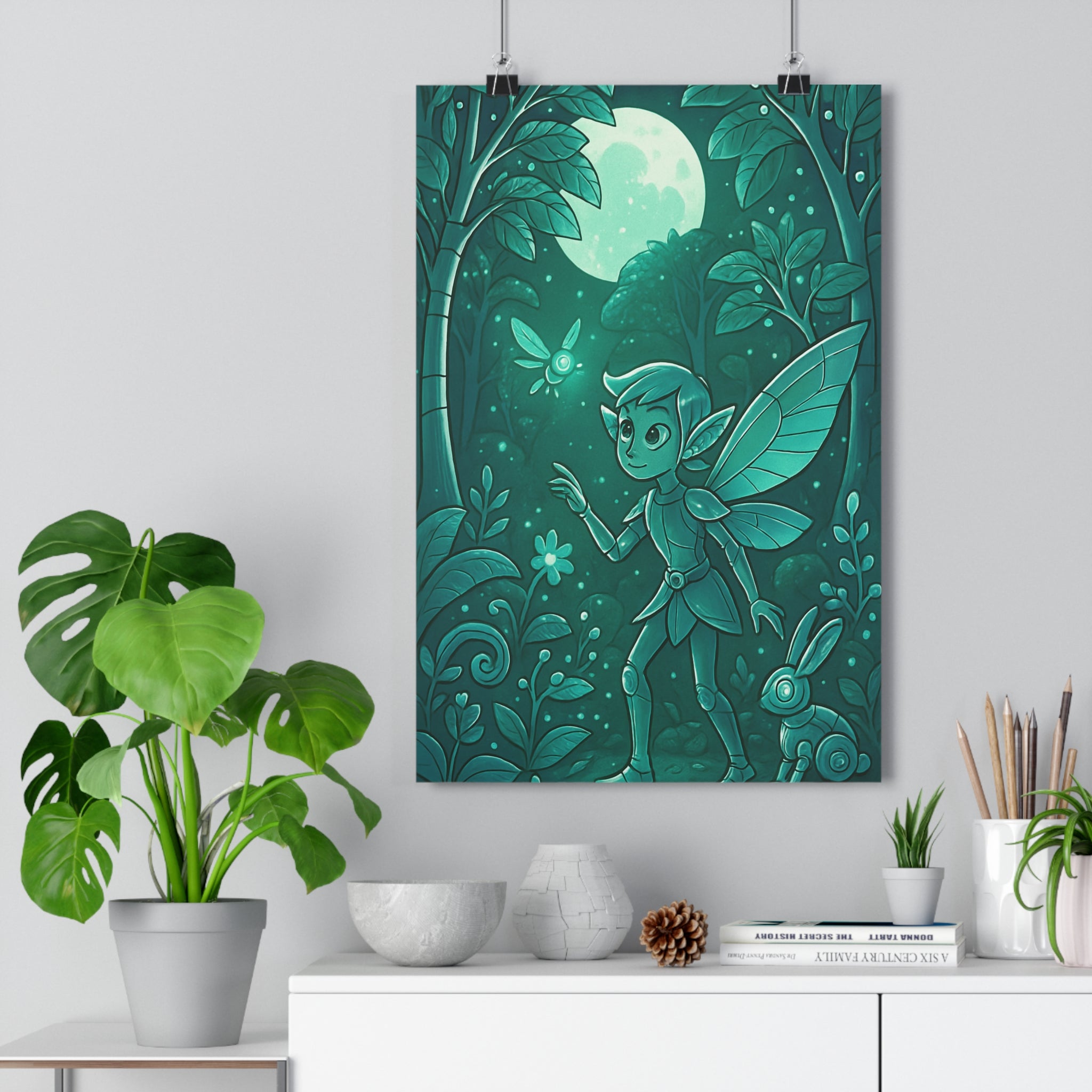 Poster décoratif métal forêt enchantée mystique féerique vert bleu chambre salon magique lumineux qualité