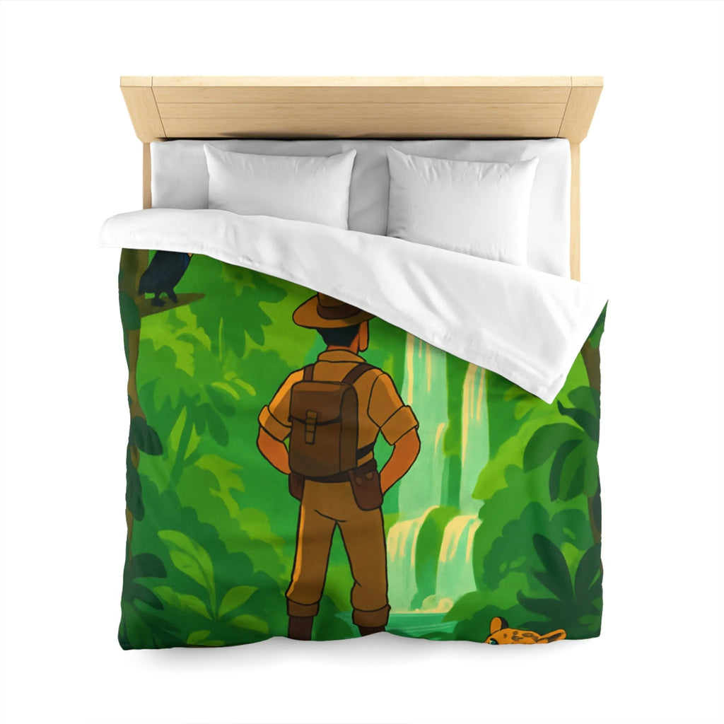 Housse de couette jungle exotique avec explorateur, toucan et paysages luxuriants