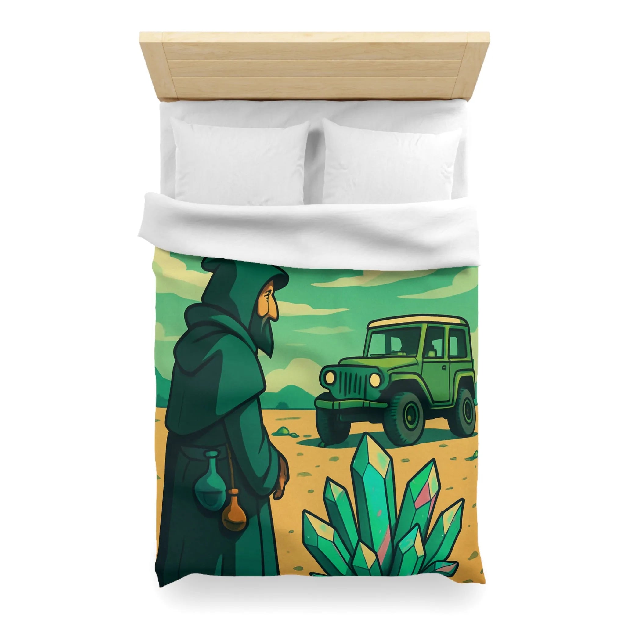 Housse de couette illustrée avec paysage surnaturel, grotte colorée et véhicule tout-terrain