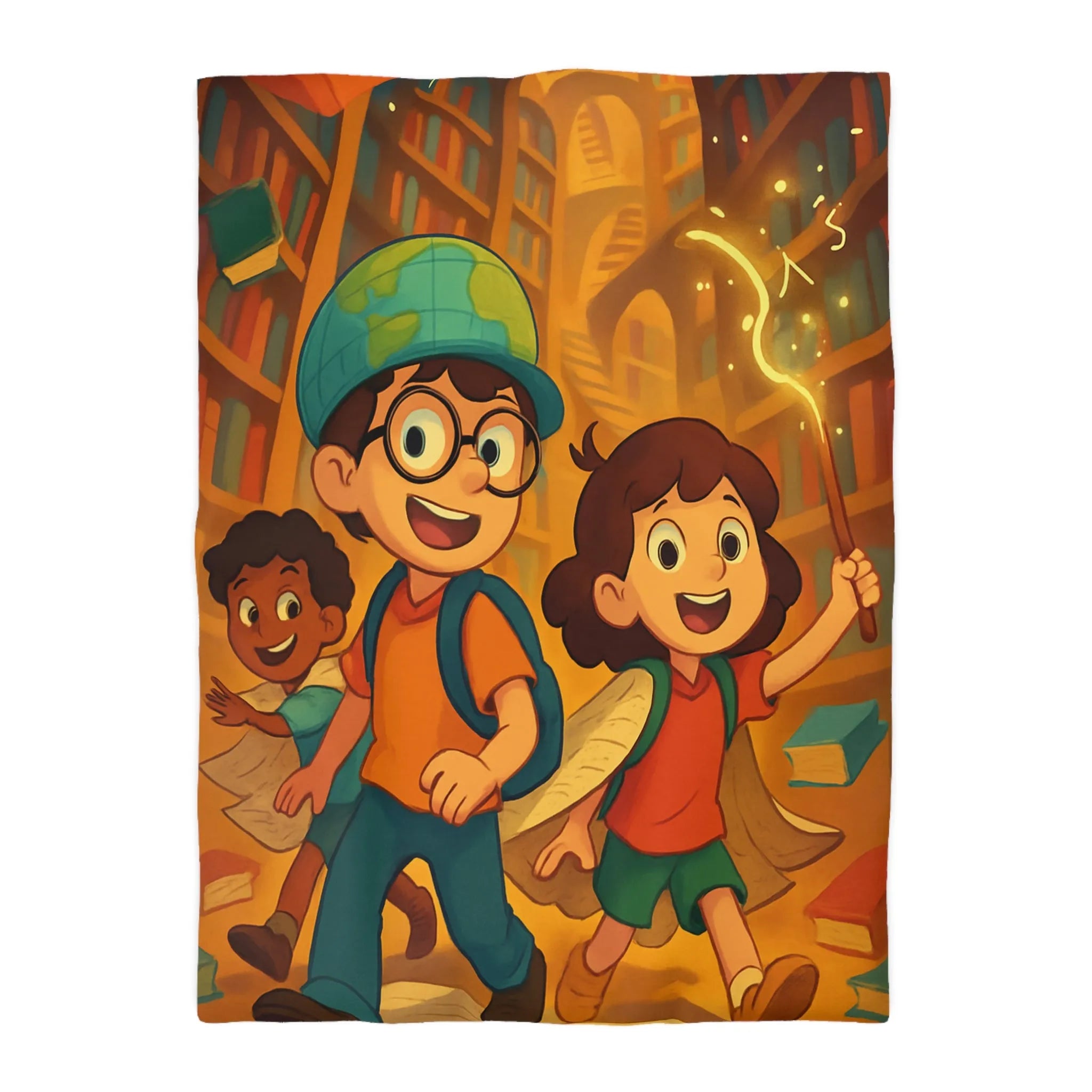 Housse de couette magique avec enfants explorant une bibliothèque enchantée et livres volants