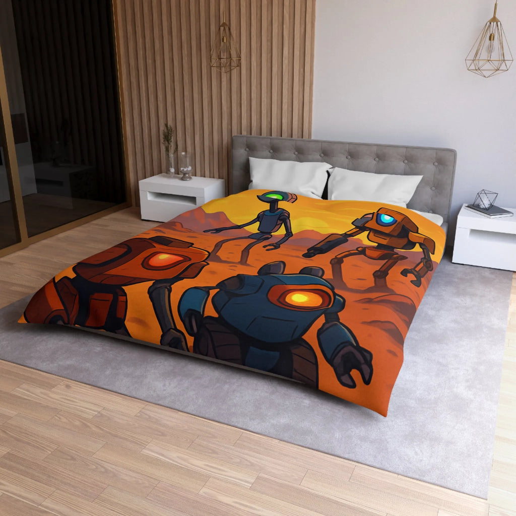 Housse de couette avec robots colorés dans un paysage désertique au coucher du soleil