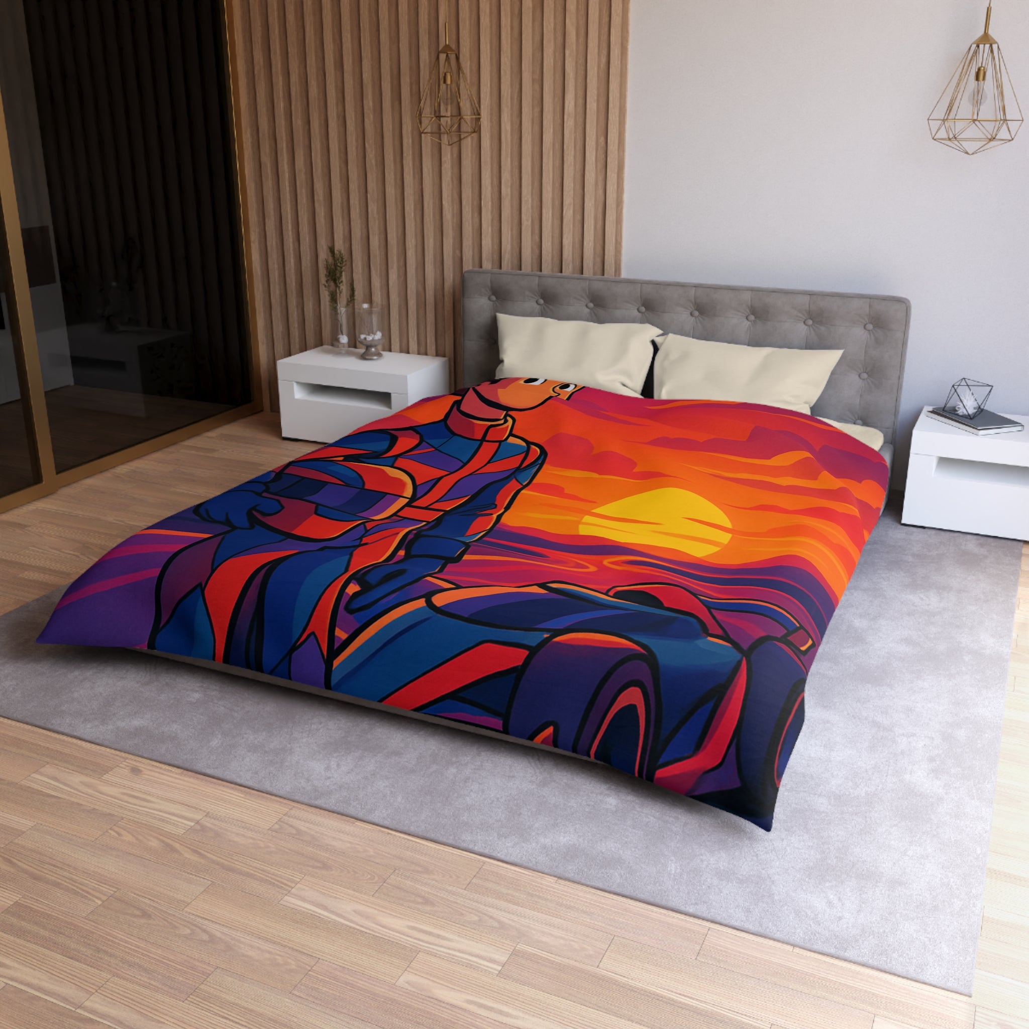 Housse de couette motif pilote de course et voiture au coucher du soleil vibrant