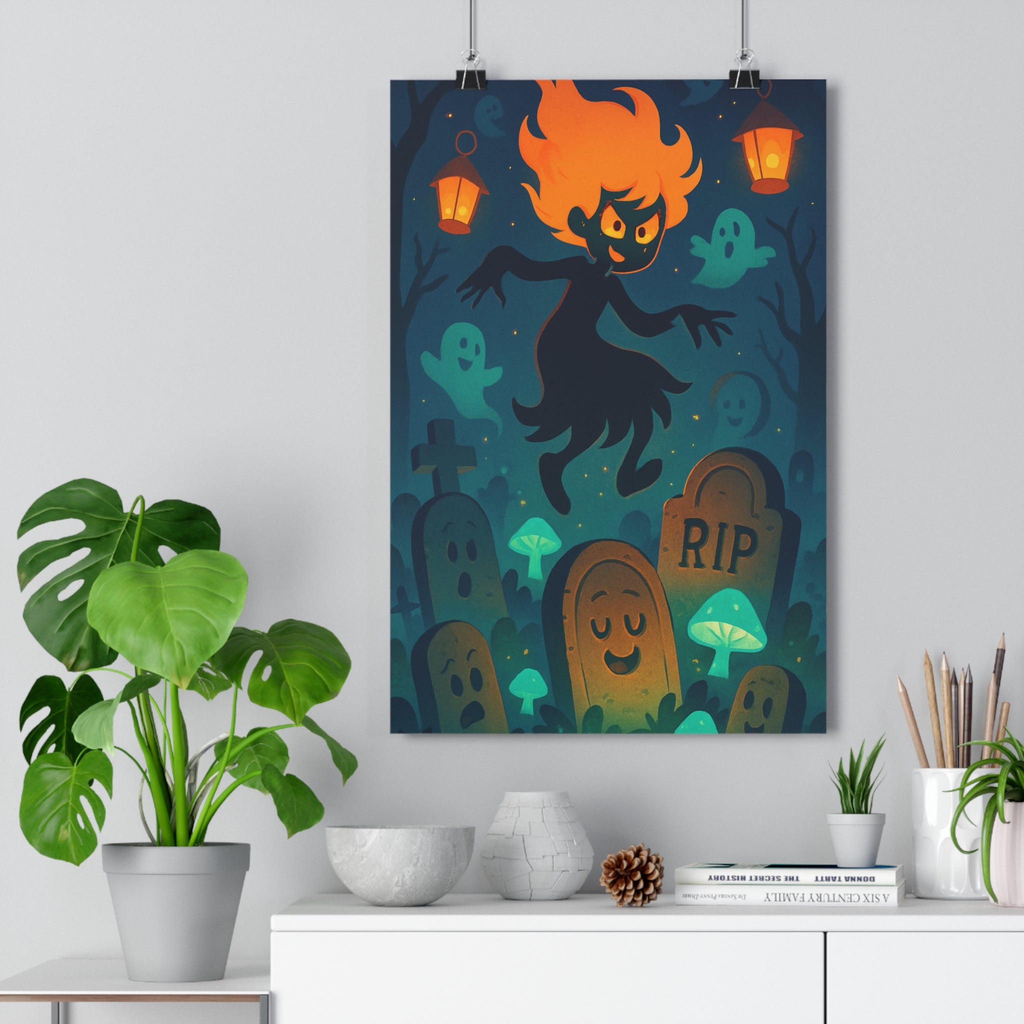 Poster décoratif cartoon nocturne cimetière mystique cheveux flamboyants fantaisie salon chambre enfant contrasté qualité