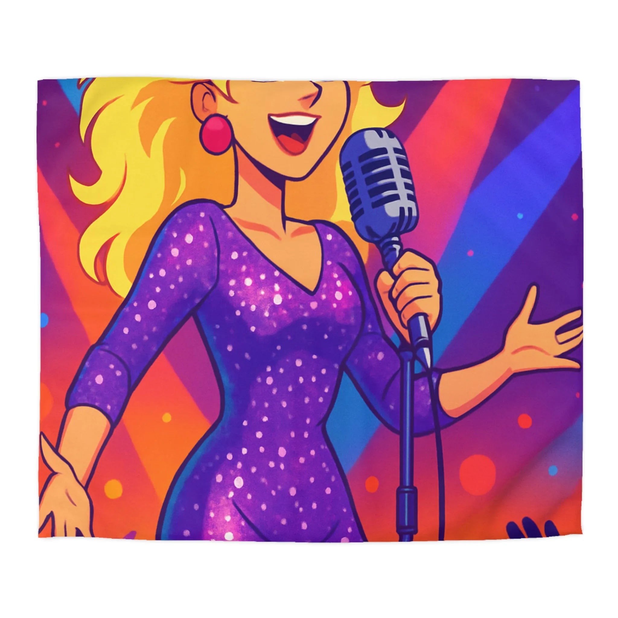 Housse de couette colorée avec chanteuse animée sous projecteurs en scène dynamique