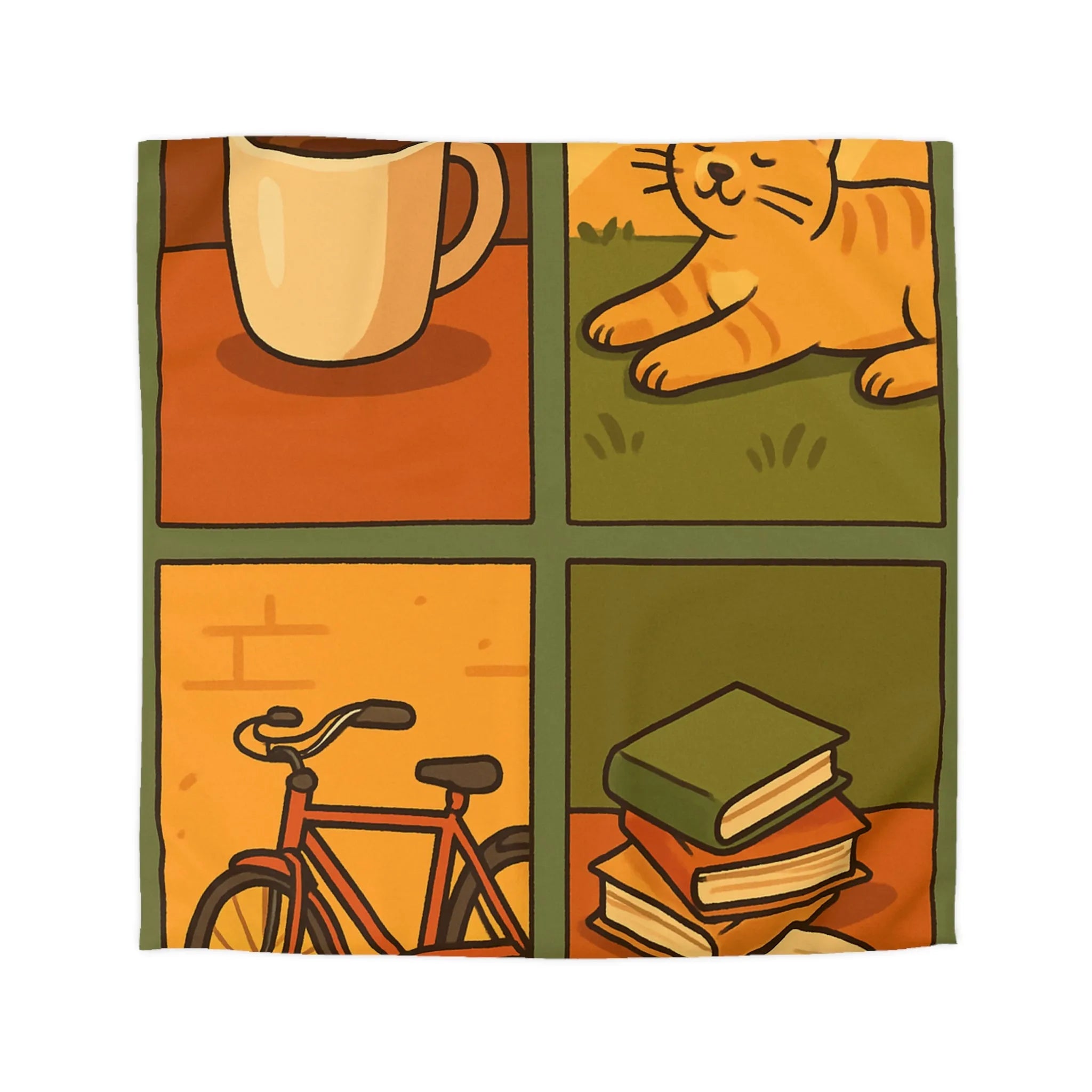 Housse de Couette Décontractée avec Chat Orange, Café, Vélo et Livres Colorés