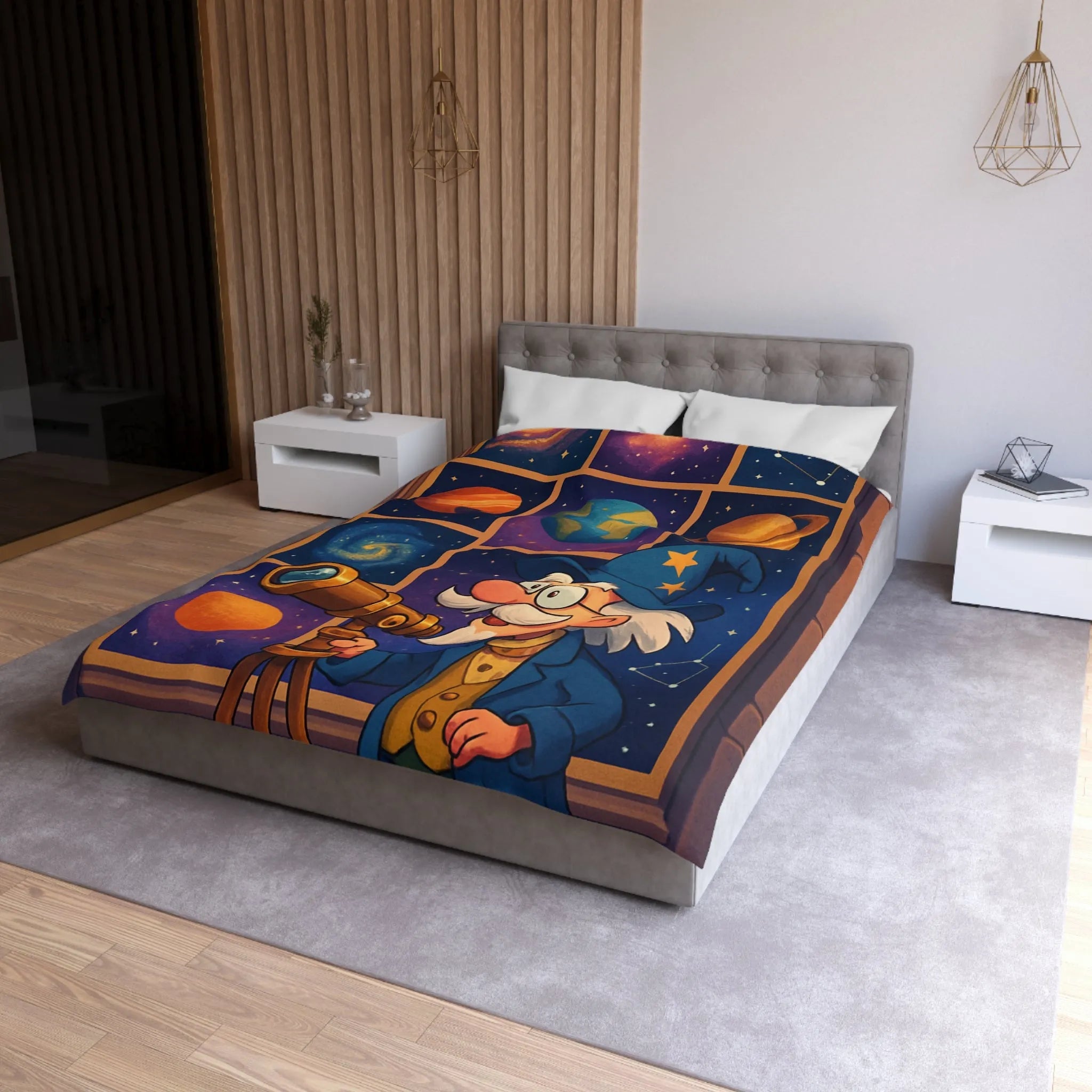 Housse de couette colorée avec astronome et planètes pour chambre d'enfant magique