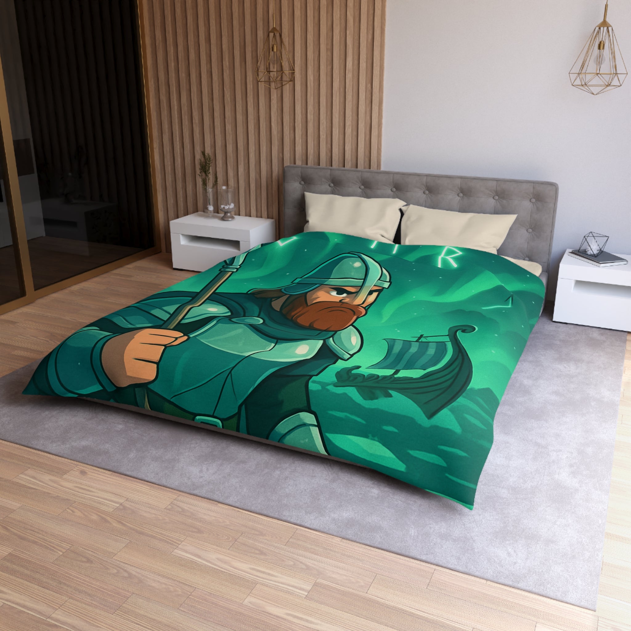 Housse de Couette Viking Vert Émeraude avec Guerrier et Aurores Boréales pour Chambre