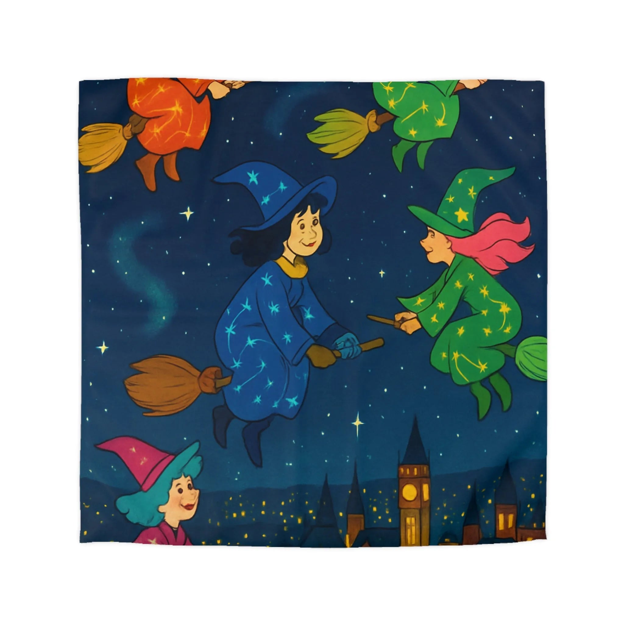 "Housse de Couette Féérique avec Sorcières Volant dans le Ciel Étoilé au-dessus de la Ville"