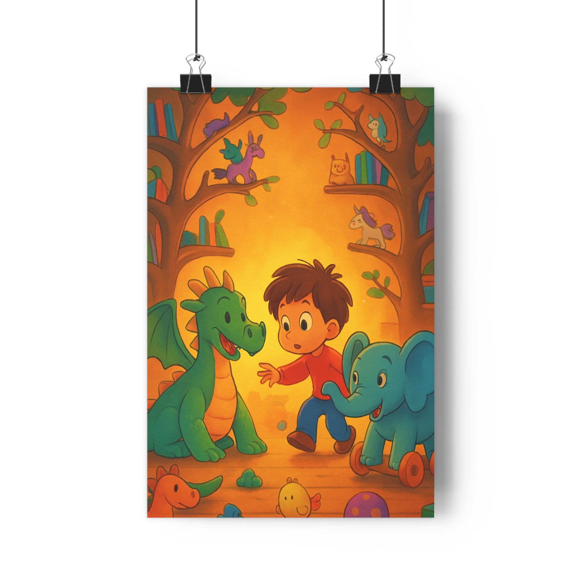 Poster décoratif coloré jungle enfants chambre joyeux ludique vert bleu orange créatures fantastiques qualité