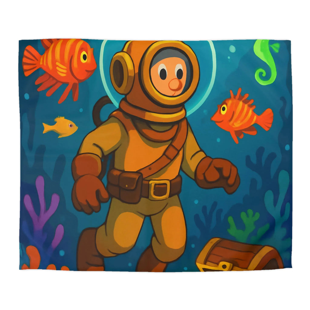 Housse de couette enfant aventure sous-marine avec plongeur et trésor coloré en dessin animé