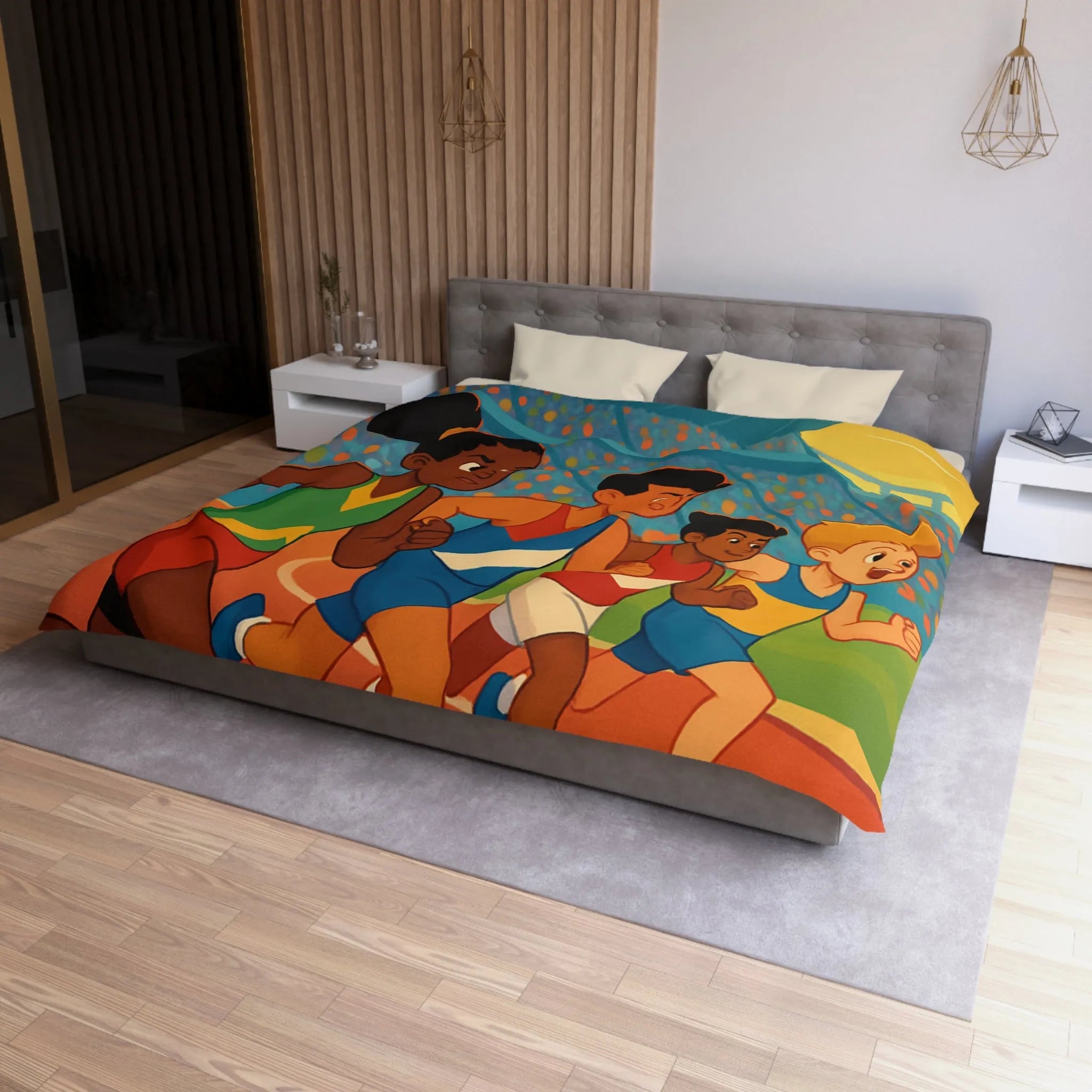 Housse de couette illustrée course d’athlétisme enfants vibrant soleil dynamique