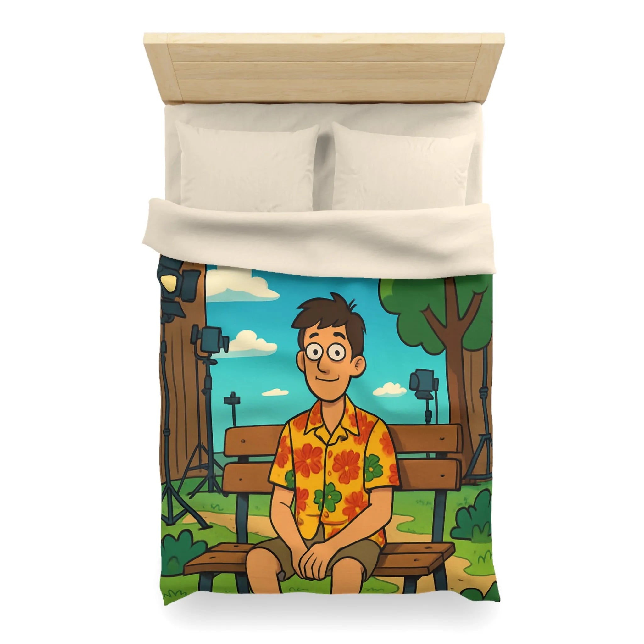 Housse de couette amusante avec motif de banc, homme et oiseaux volants