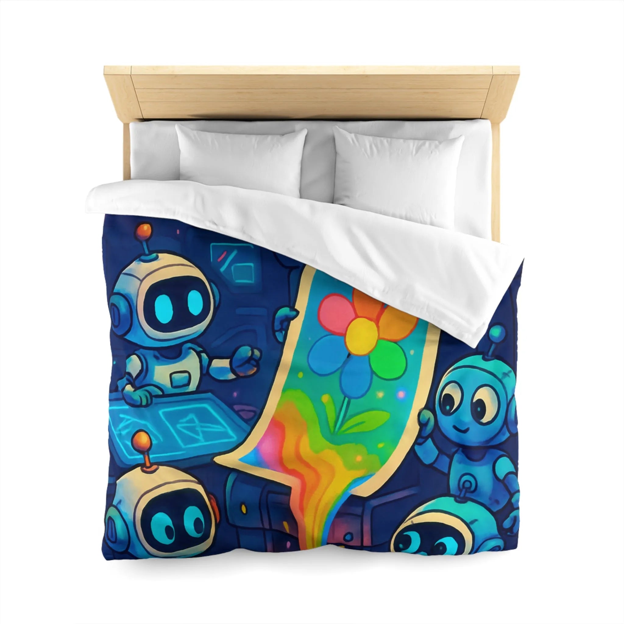 Drôles de robots imprimant une fleur colorée dans un atelier futuriste lumineux