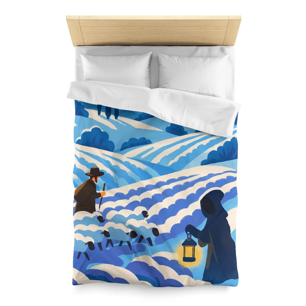 Housse de couette champêtre avec berger, moutons et moulin dans un paysage rêveur