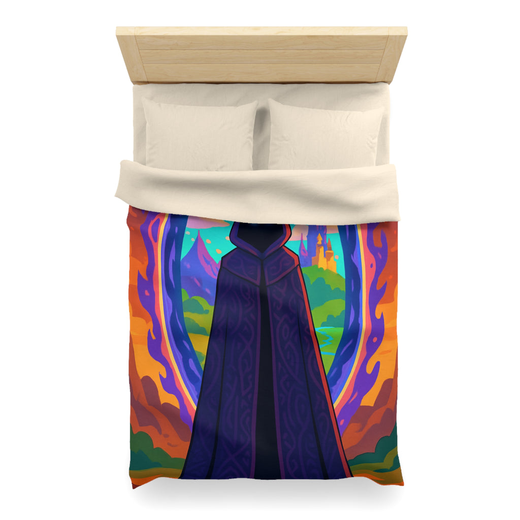 Mystérieux paysage enchanté avec mage en robe près du portail vibrant coloré