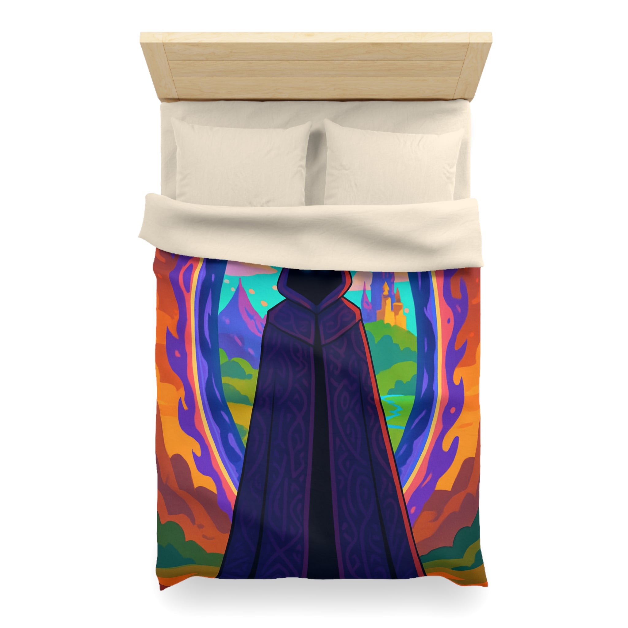 Mystérieux paysage enchanté avec mage en robe près du portail vibrant coloré