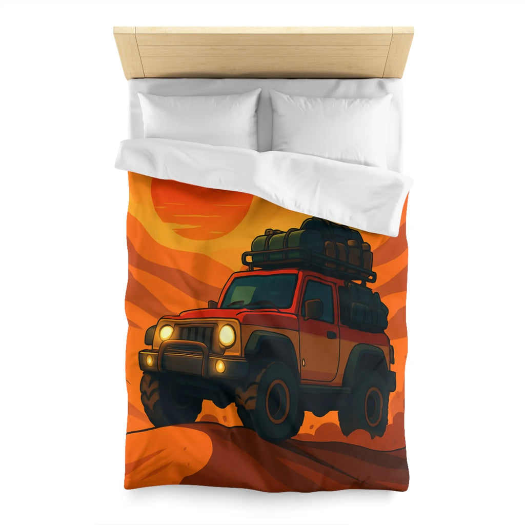 Housse de couette aventure désert rouge avec 4x4 et coucher de soleil éclatant