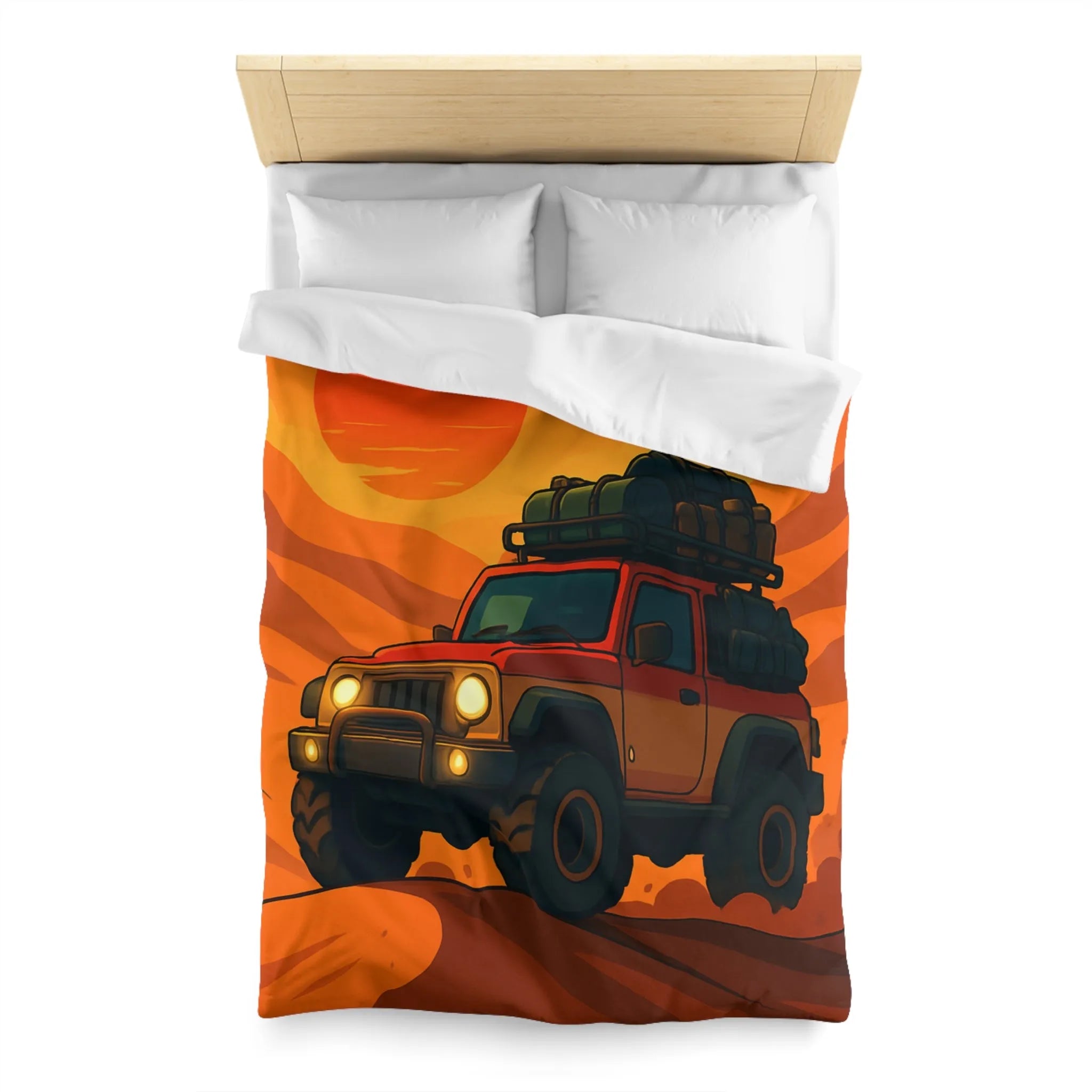 Housse de couette aventure désert rouge avec 4x4 et coucher de soleil éclatant