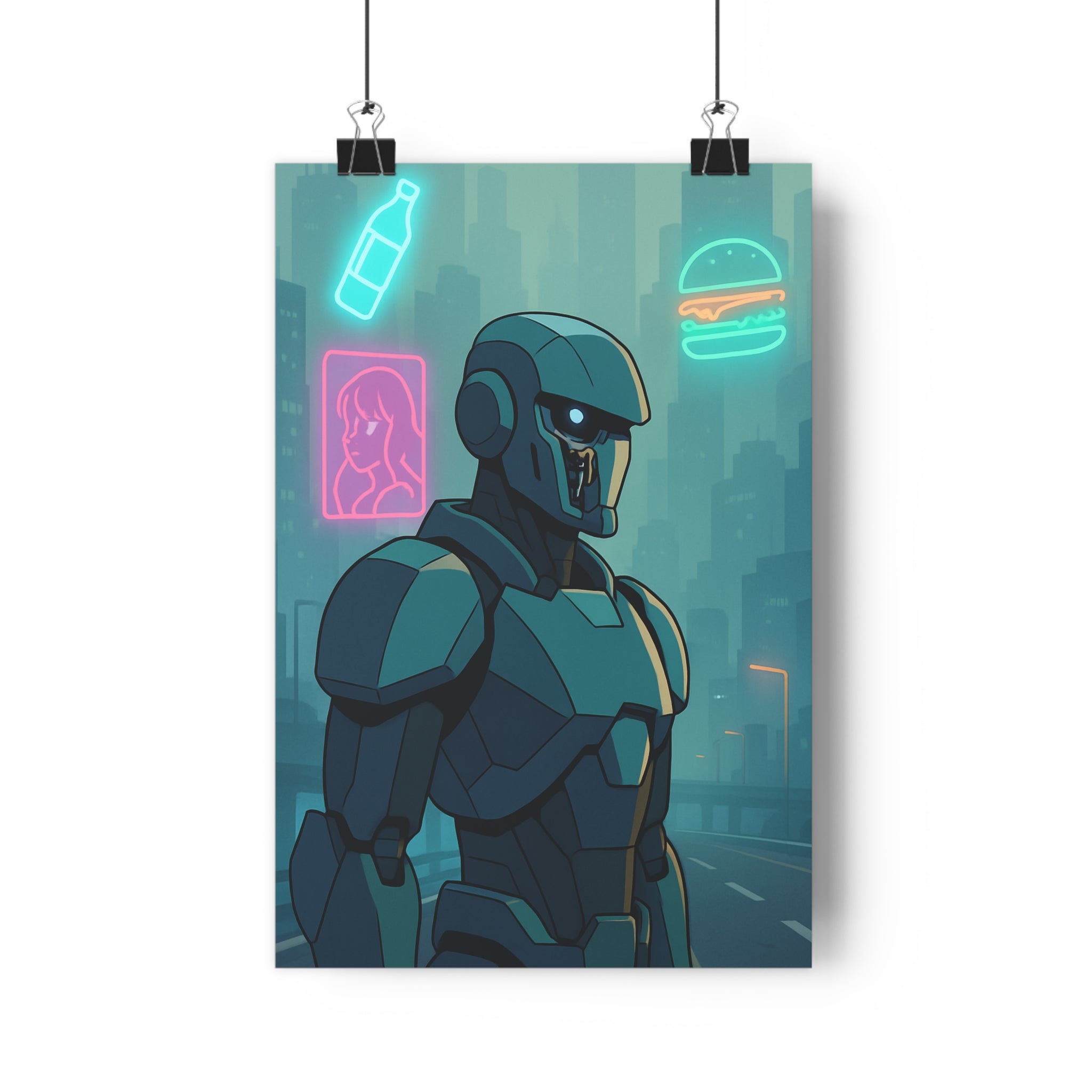 Poster décoratif futuriste robot métallique bleu néon bureau moderne urbain rétrofuturiste style unique ambiance