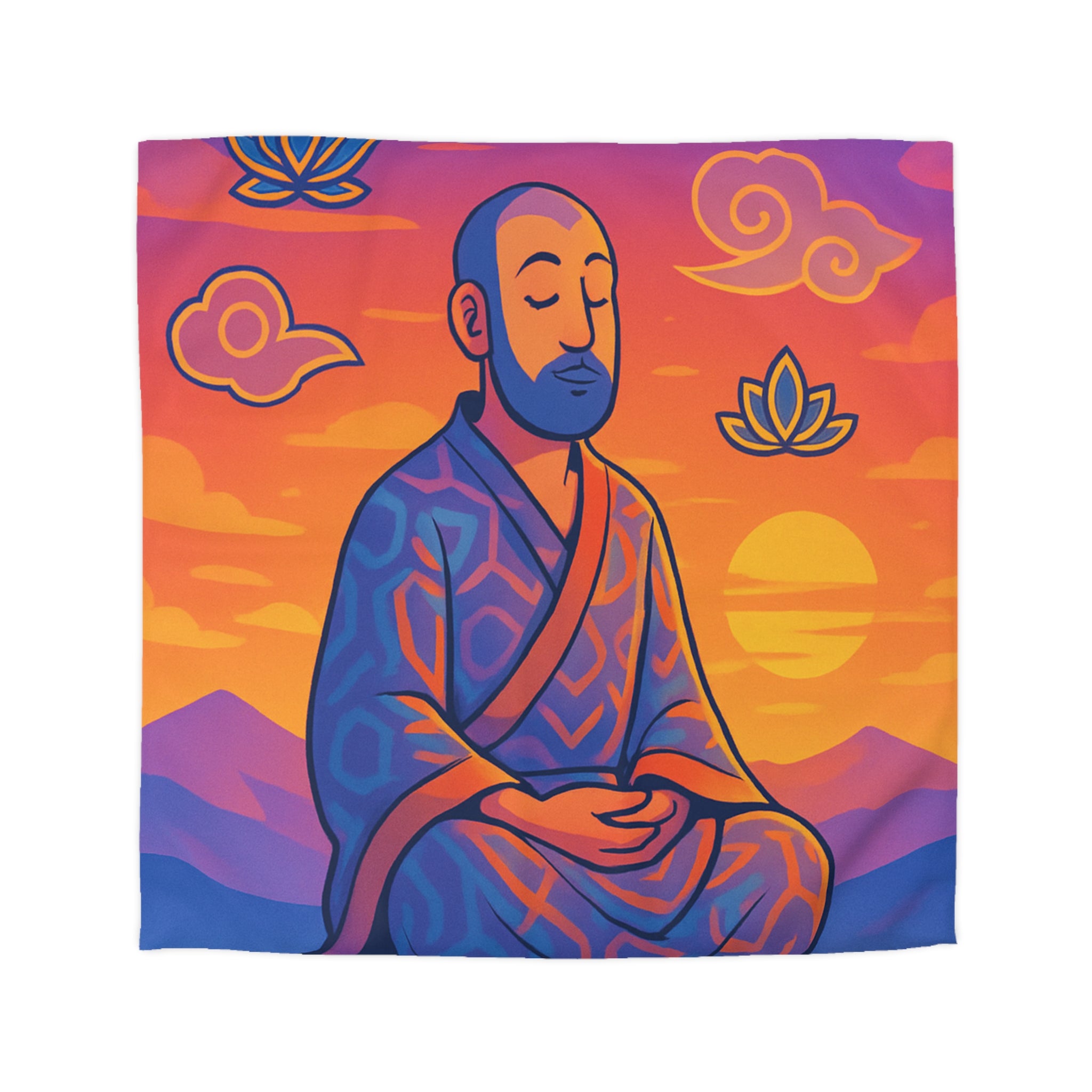 Housse de Couette Zen Moine Méditant au Coucher de Soleil Avec Fleurs de Lotus