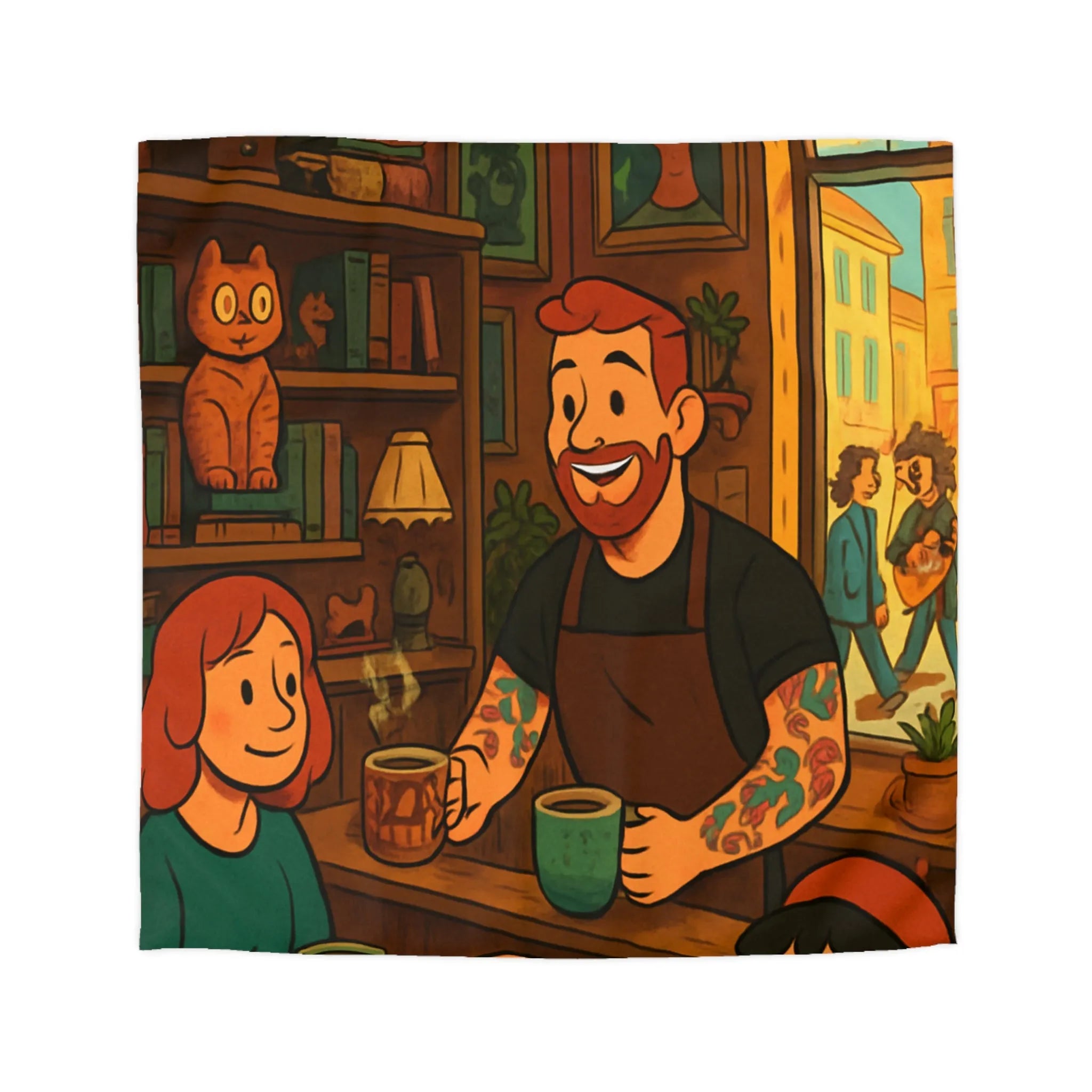 Housse de couette café chaleureux avec illustrations rétro et ambiance vintage colorée