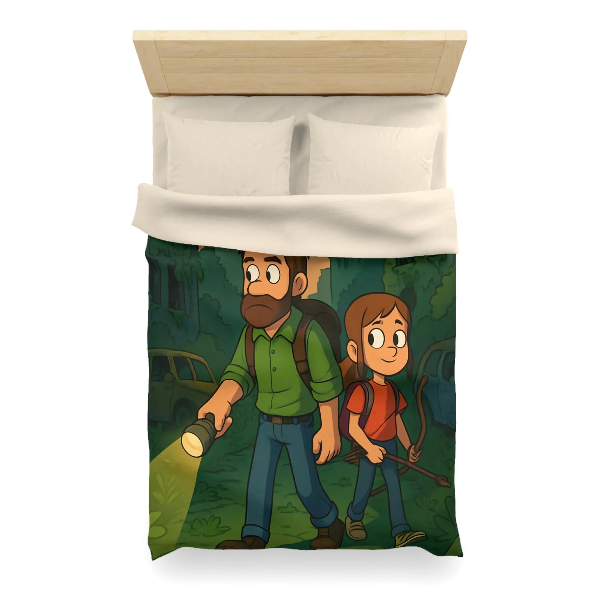 Housse de couette aventure urbaine avec personnages explorant une ville abandonnée la nuit