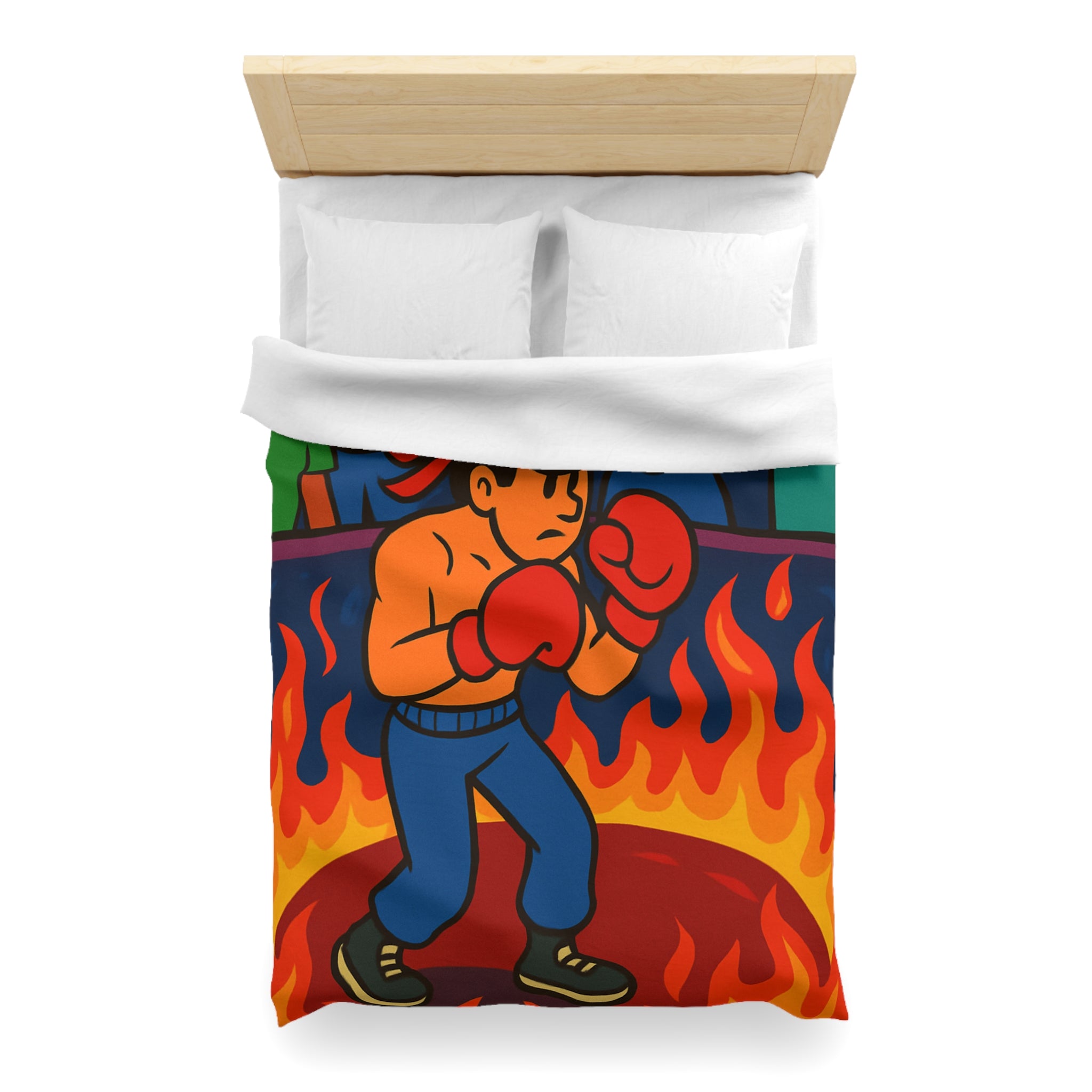Housse de couette originale avec boxeur entouré de flammes et foule colorée