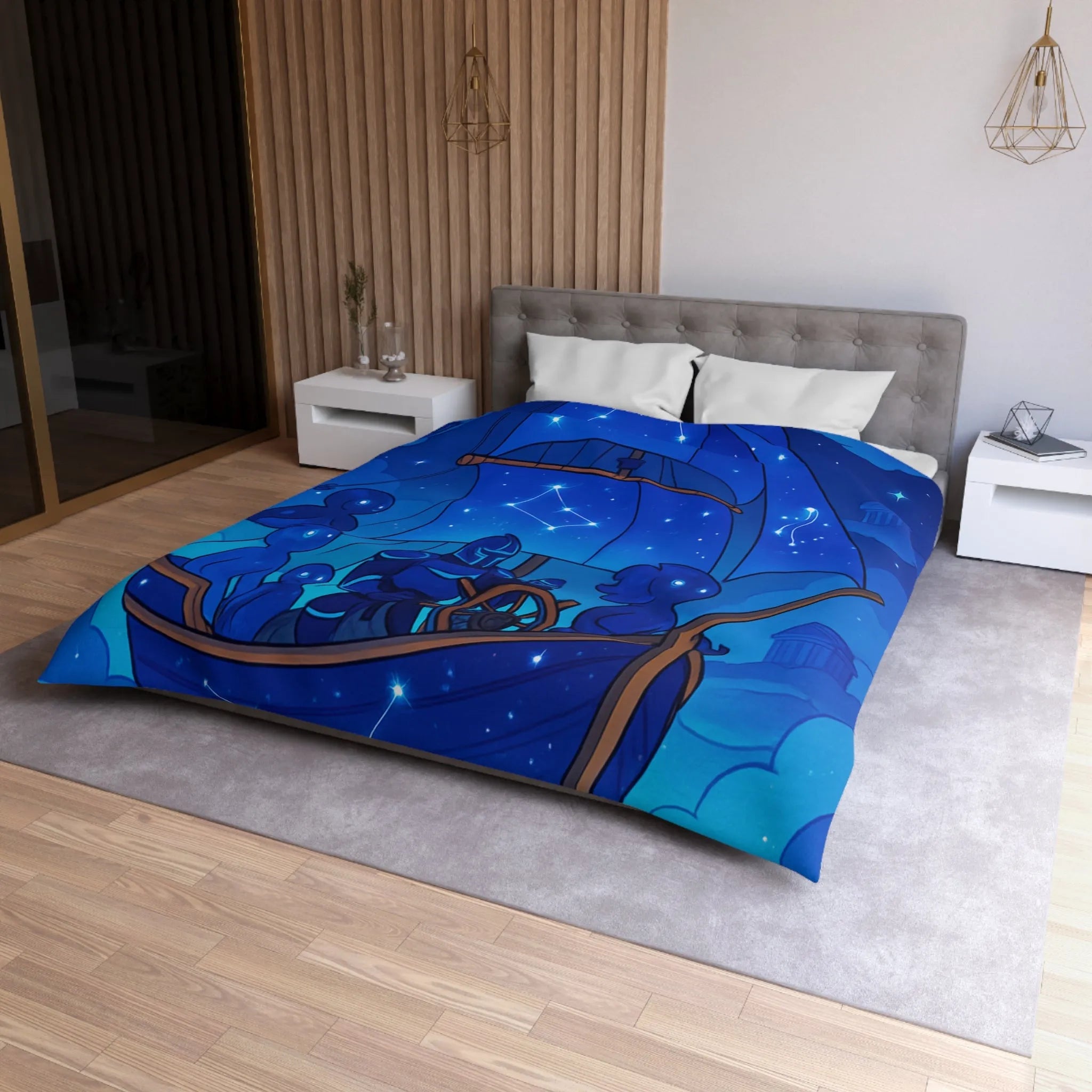 Housse de Couette Inspirée Ciel Étoilé avec Bateau et Constellations Bleu Nuit