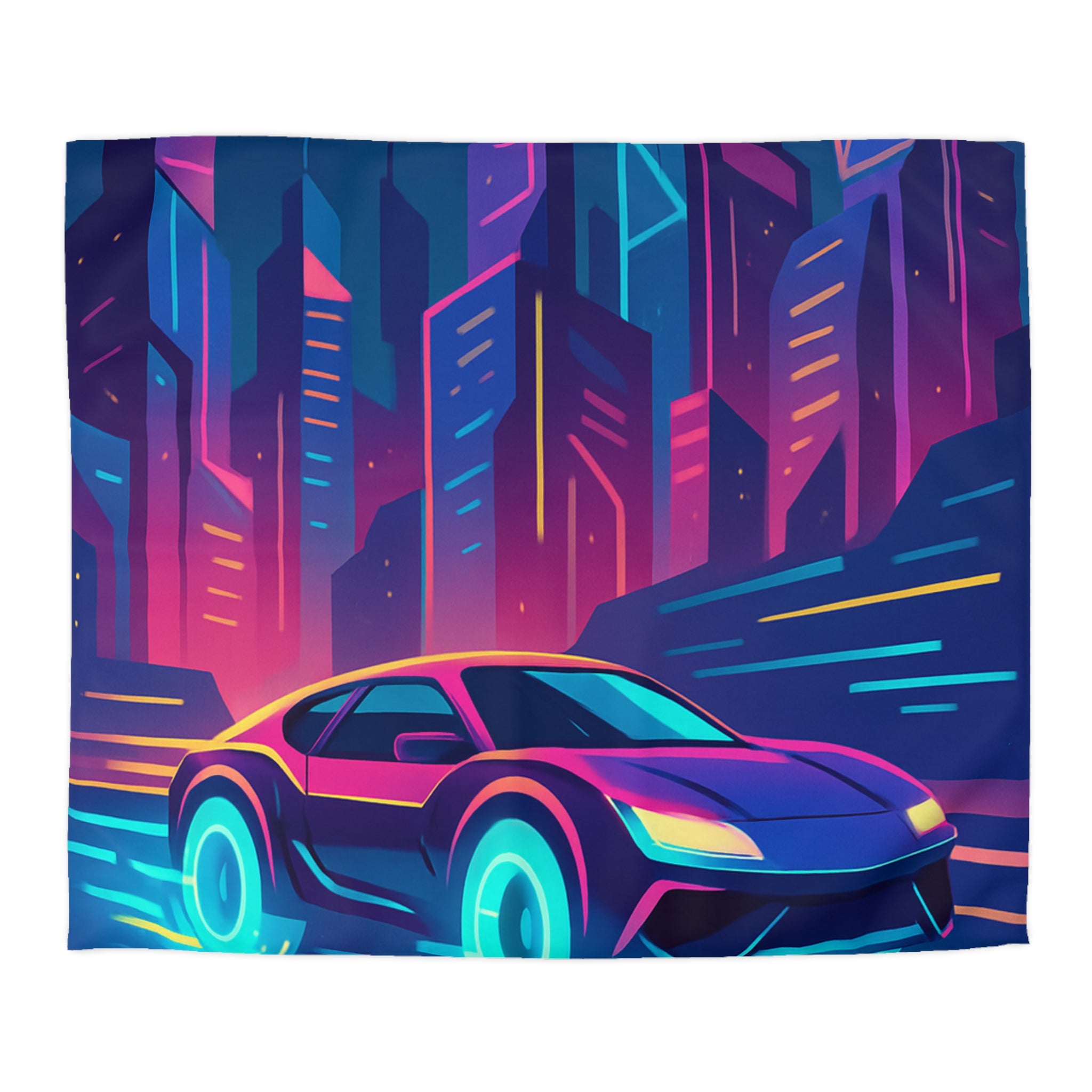 Parure de lit futuriste avec voiture néon sous lune pleine en ville vibrante