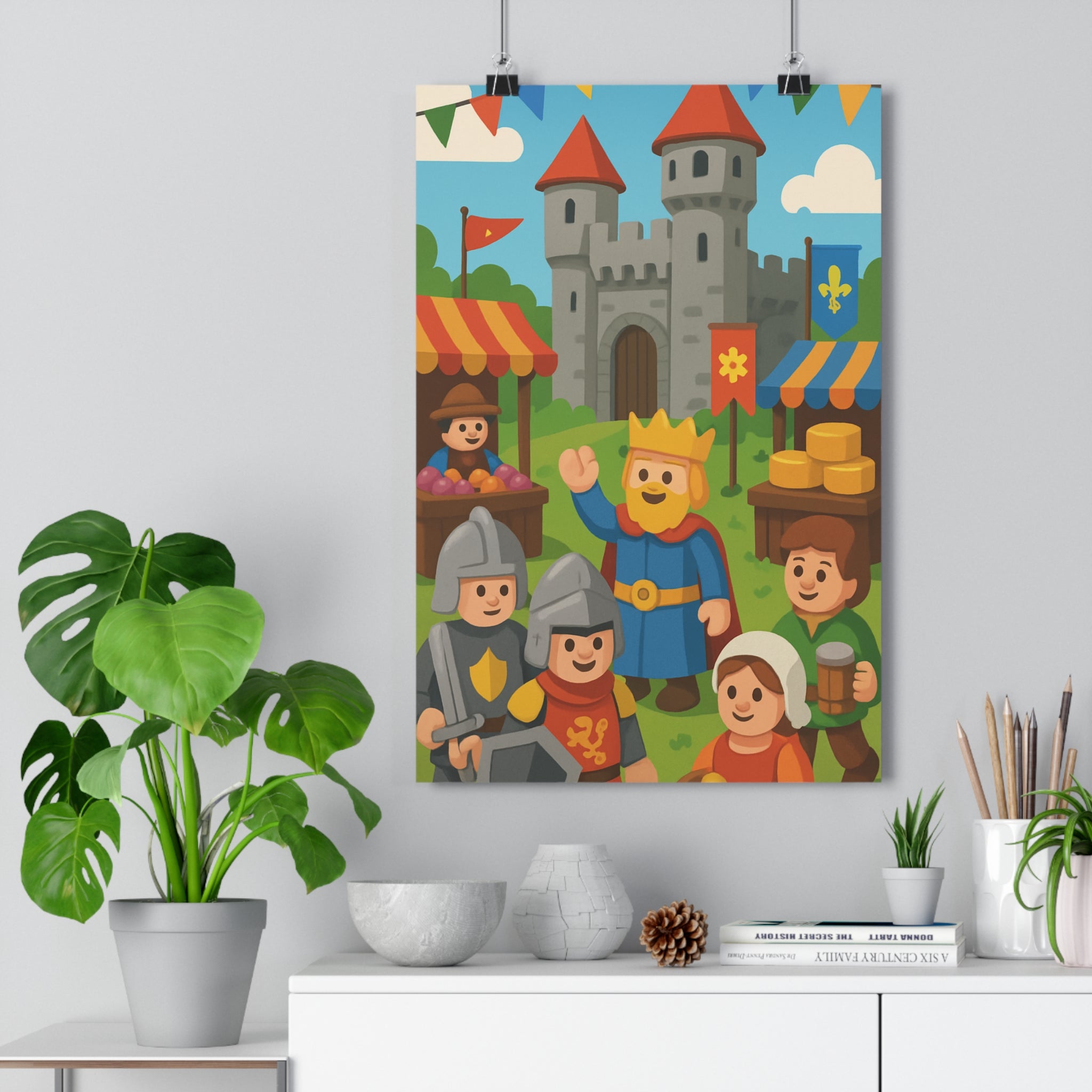 Poster décoratif médiéval rouge cartoon joyeux enfant chambre château chevaliers ambiance festive aventurier 30x46