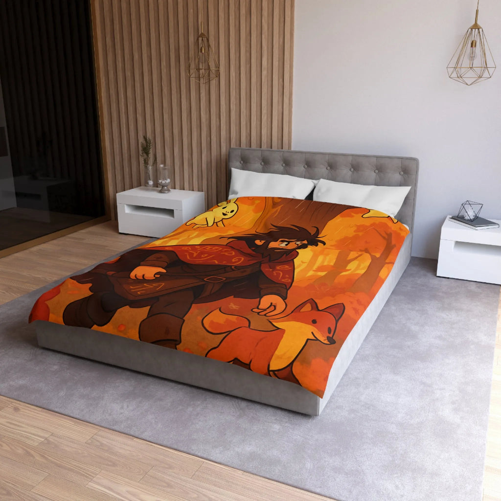 Housse de Couette Artistique avec Forêt Mystique d'Automne, Homme Barbu et Animaux Joyeux