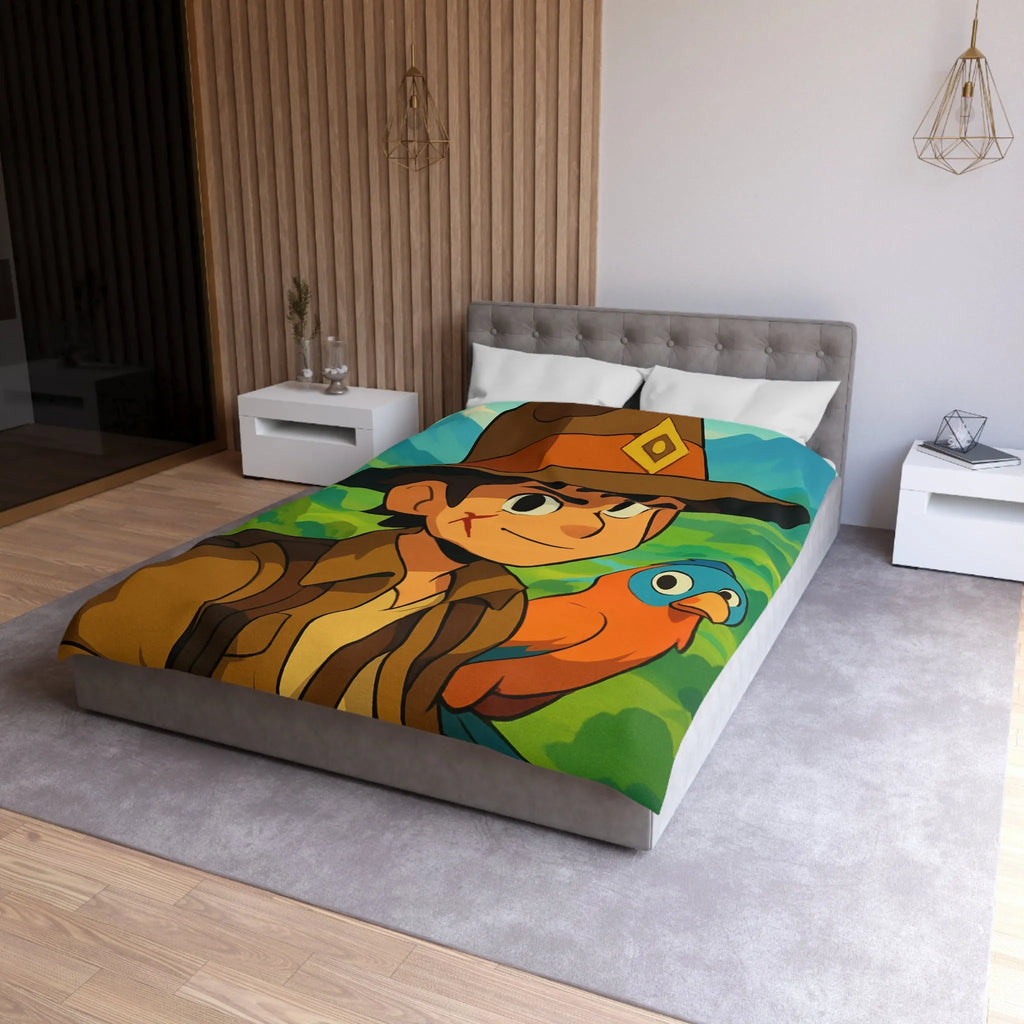 Housse de Couette Enfant Aventure Jungle avec Explorateur et Perroquet Coloré