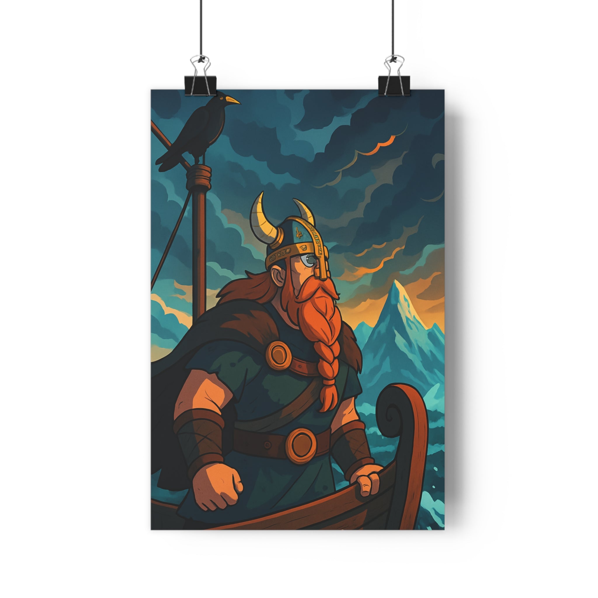 Poster décoratif guerrier nordique montagne épique aventure bleu orange salon chambre 30x46 ambiance unique