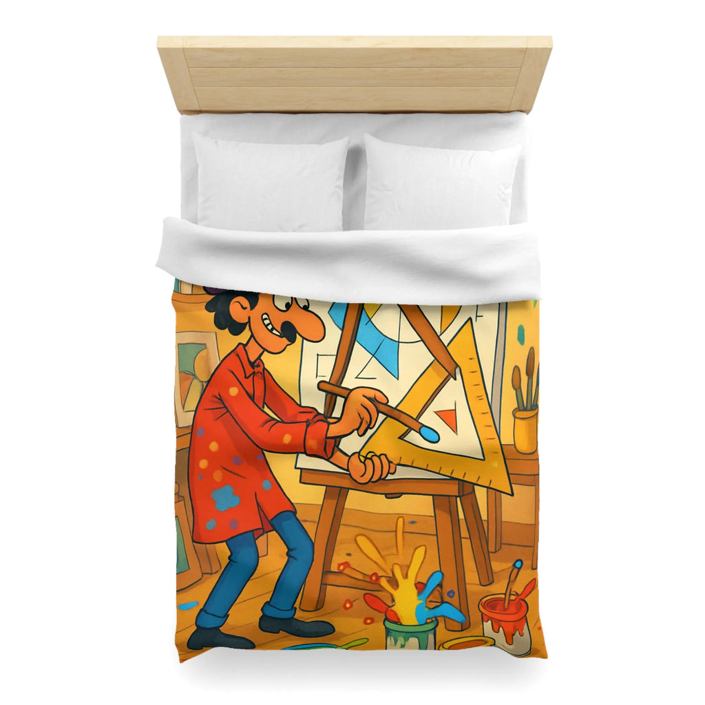 Housse de couette artistique avec motif géométrique et artiste cartoon en atelier coloré