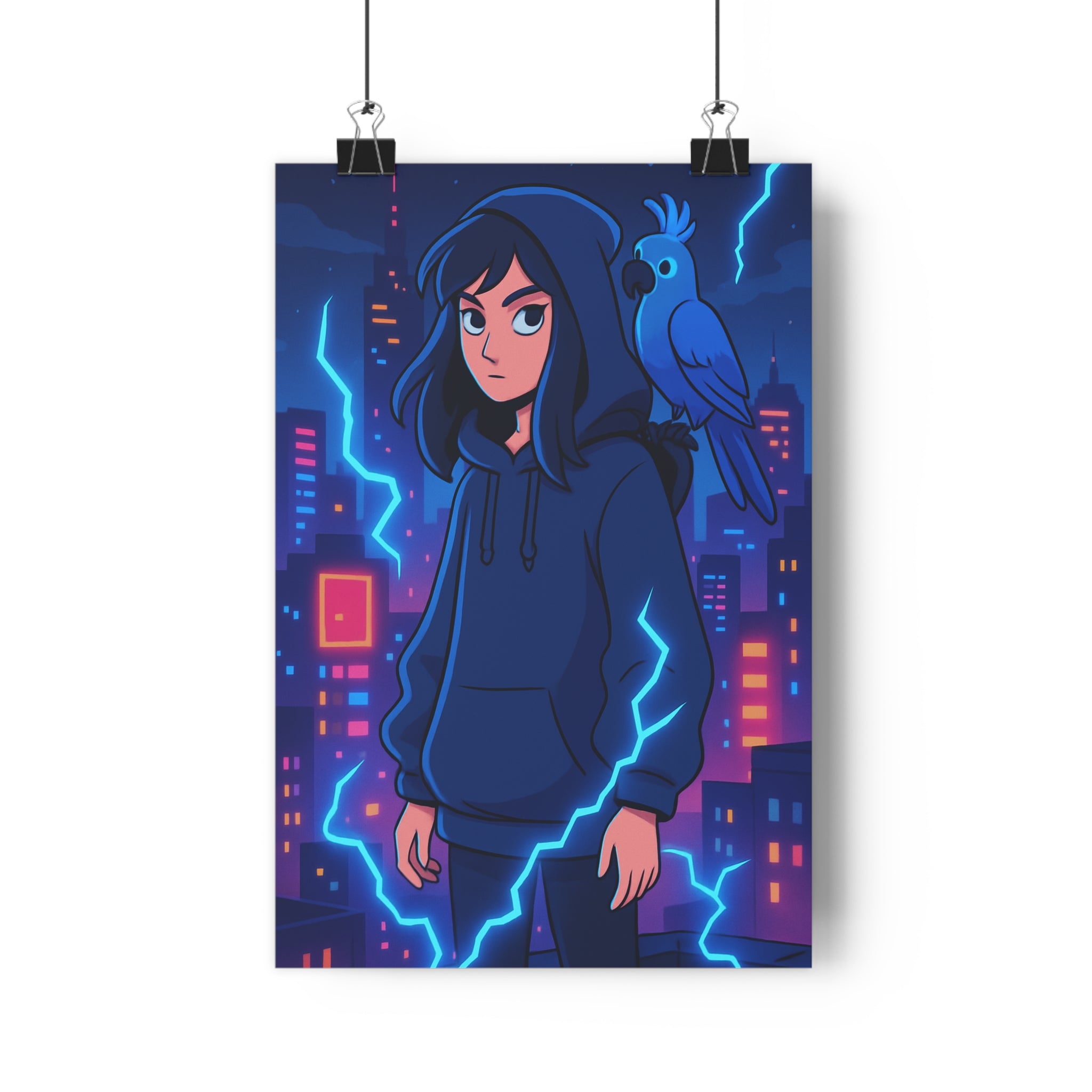 Poster décoratif cartoon bleu intense dramatique moderne chambre salon jeune femme éclair urbain créatif