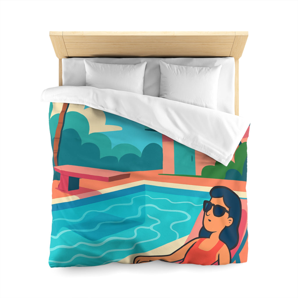 Vibrante housse de couette avec illustration de piscine et palmiers ambiance tropicale