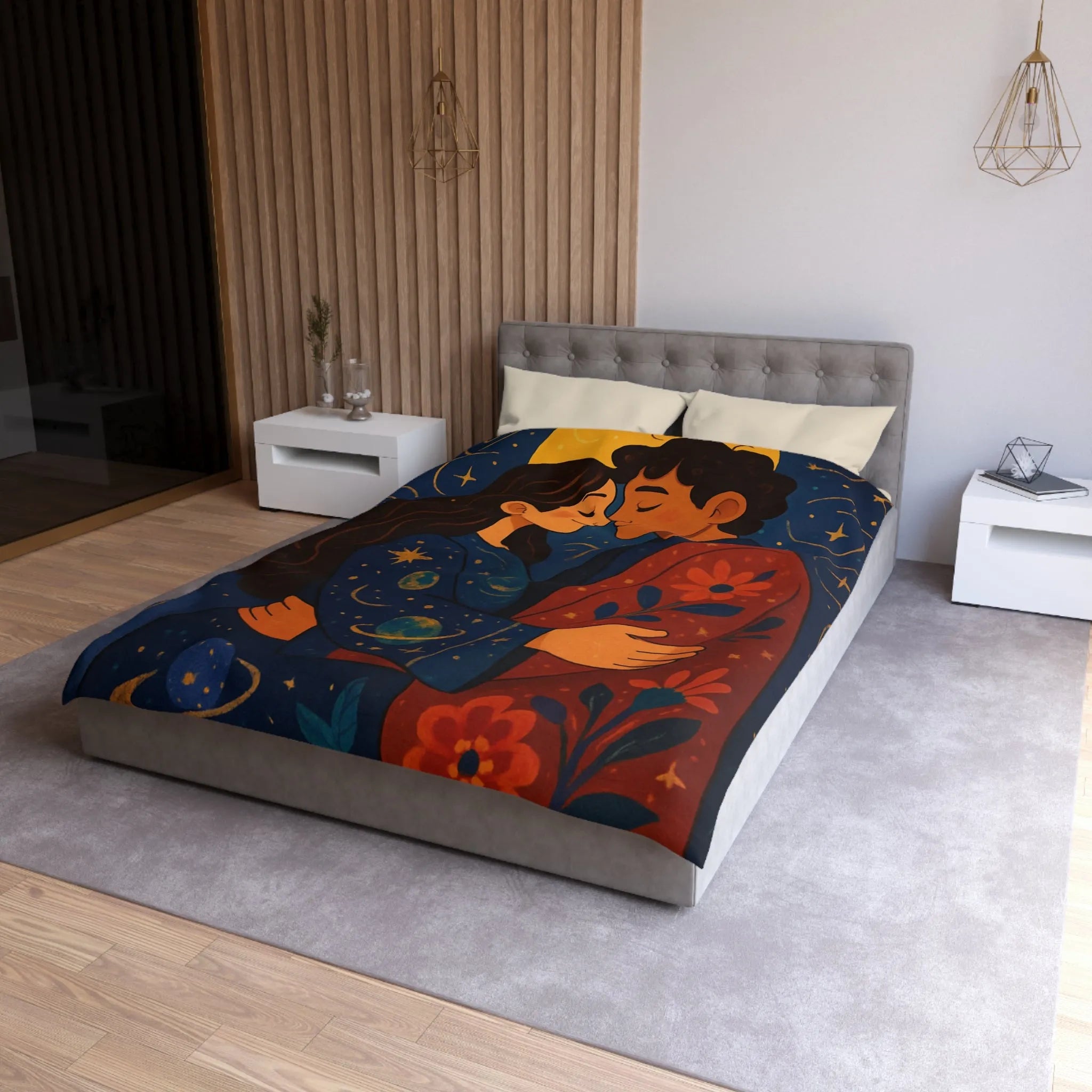 Housse de couette avec illustration romantique au clair de lune et motifs celestes