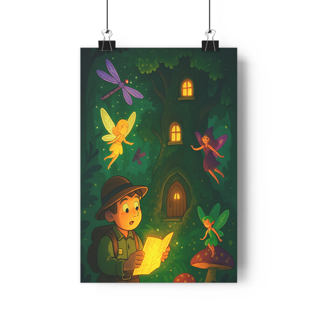 Poster décoratif féerique vert jaune aventure forêt mystique chambre enfant magique explorateur lumineux enchanté