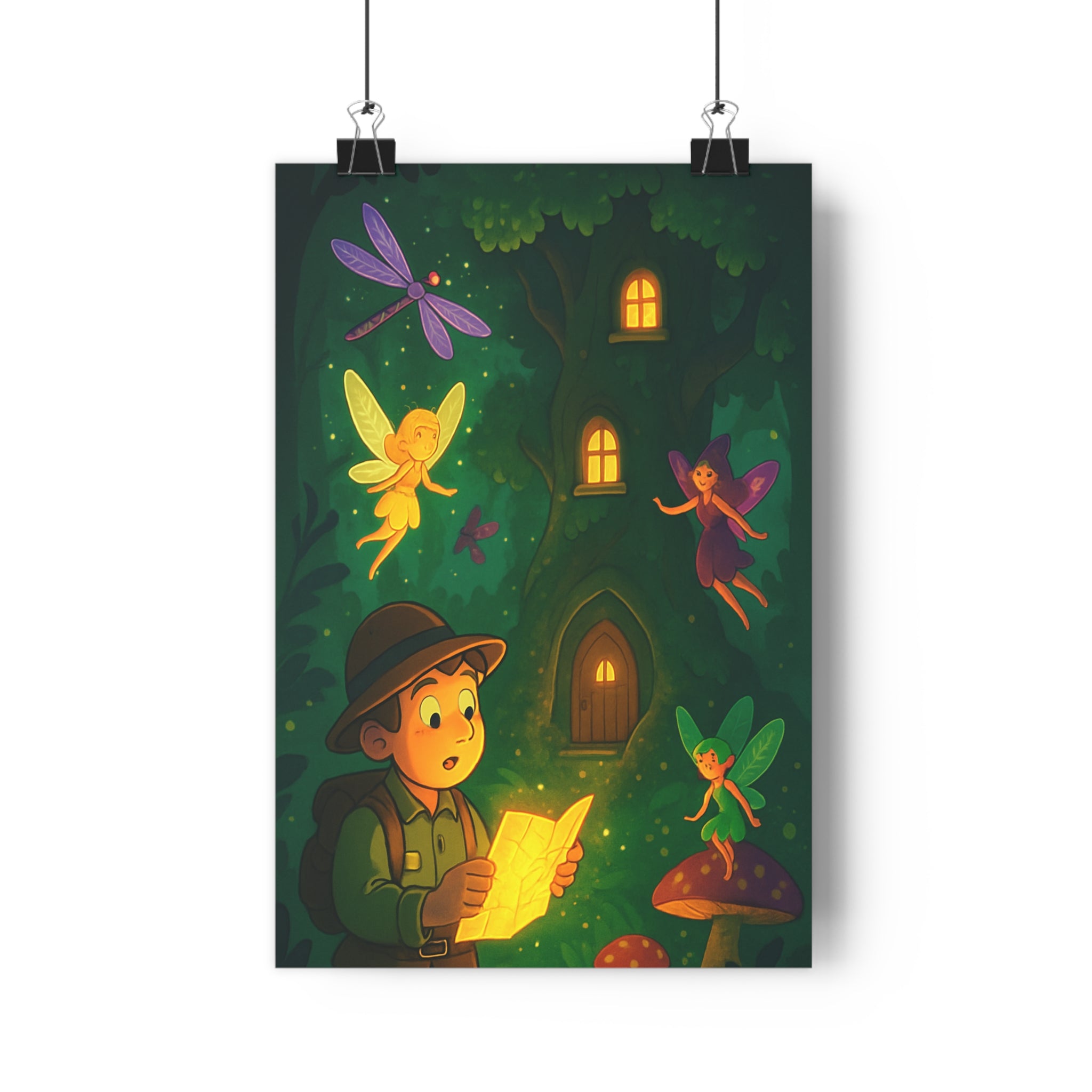 Poster décoratif féerique vert jaune aventure forêt mystique chambre enfant magique explorateur lumineux enchanté