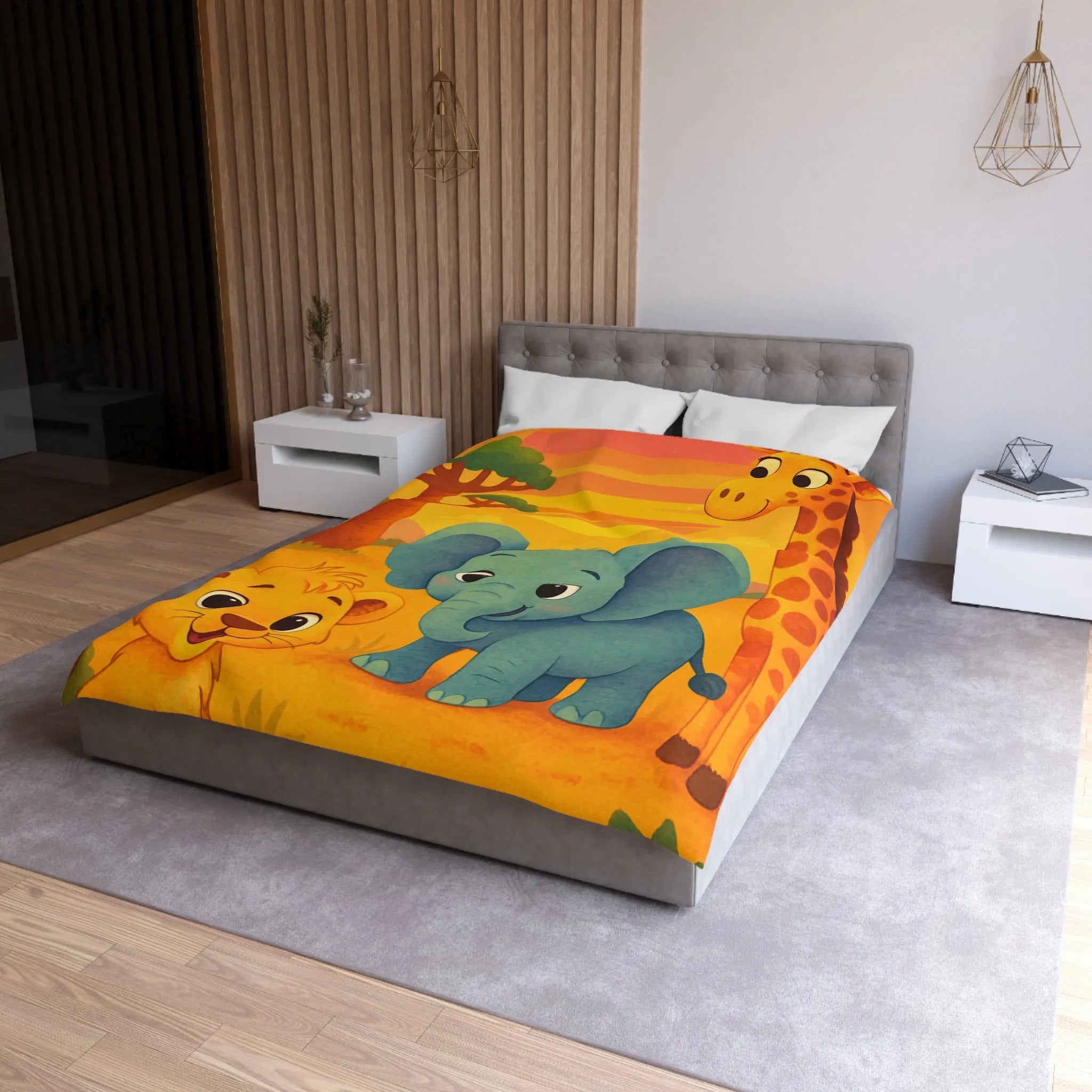 Housse de couette enfants safari animaliers avec lion, éléphant et girafe rigolos