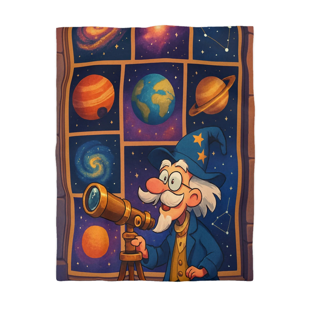 Housse de couette colorée avec astronome et planètes pour chambre d'enfant magique