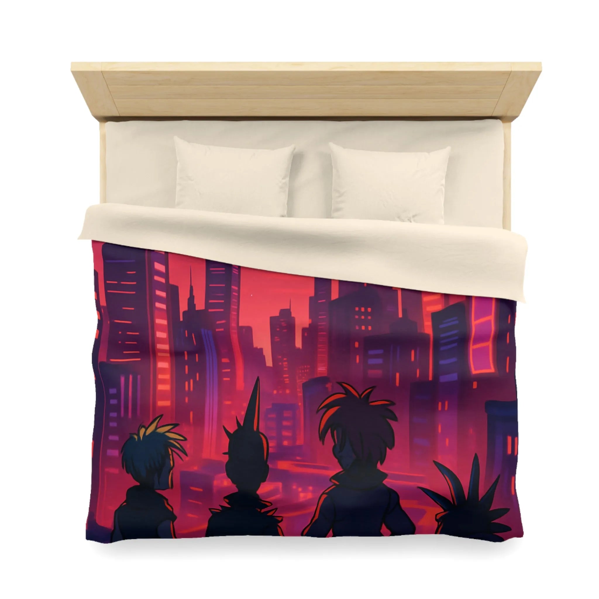 Housse de couette colorée urbaine style rétro avec personnages devant une ville cyberpunk
