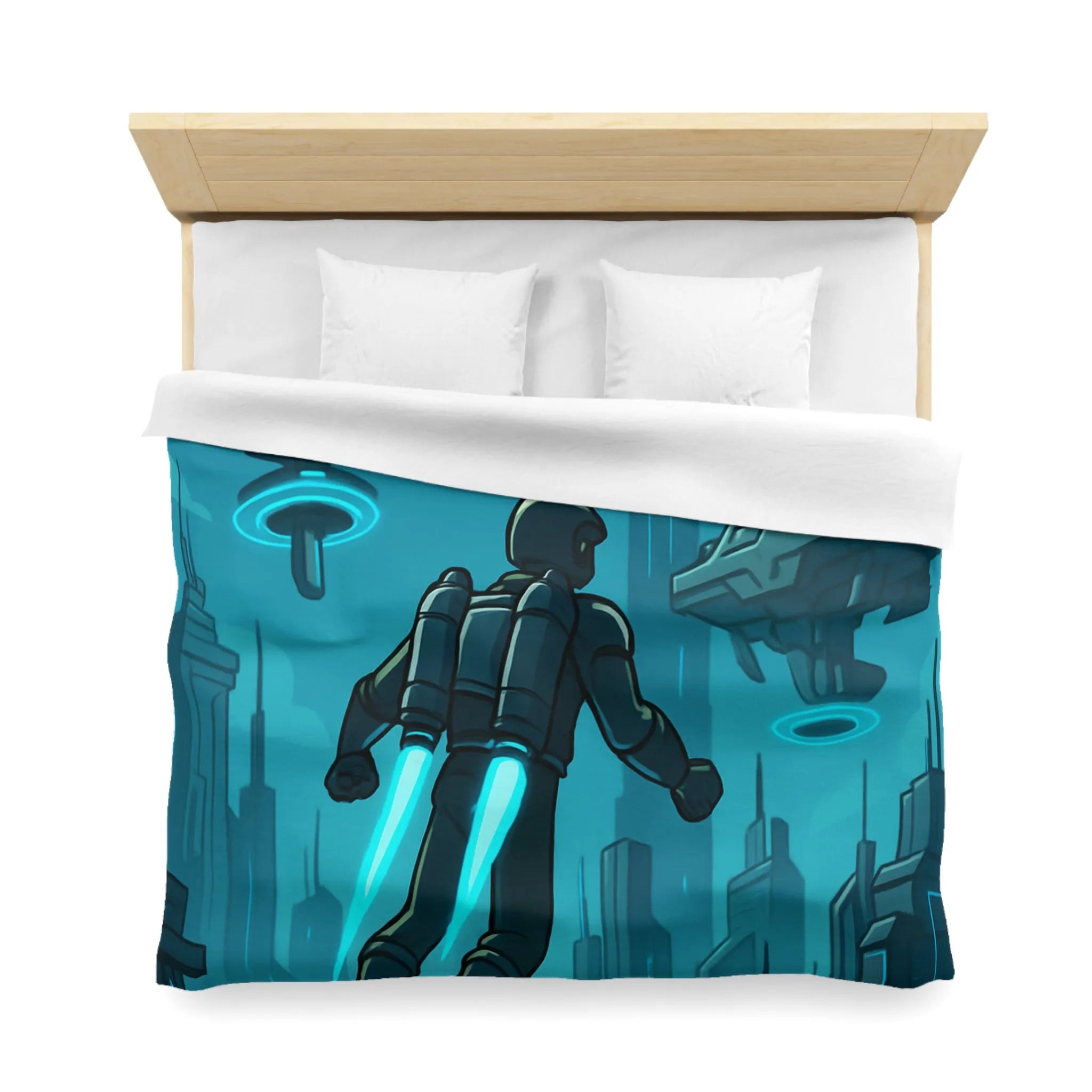 Housse de Couette Futuriste avec Ville Céleste et Homme en Jetpack Néon Bleu
