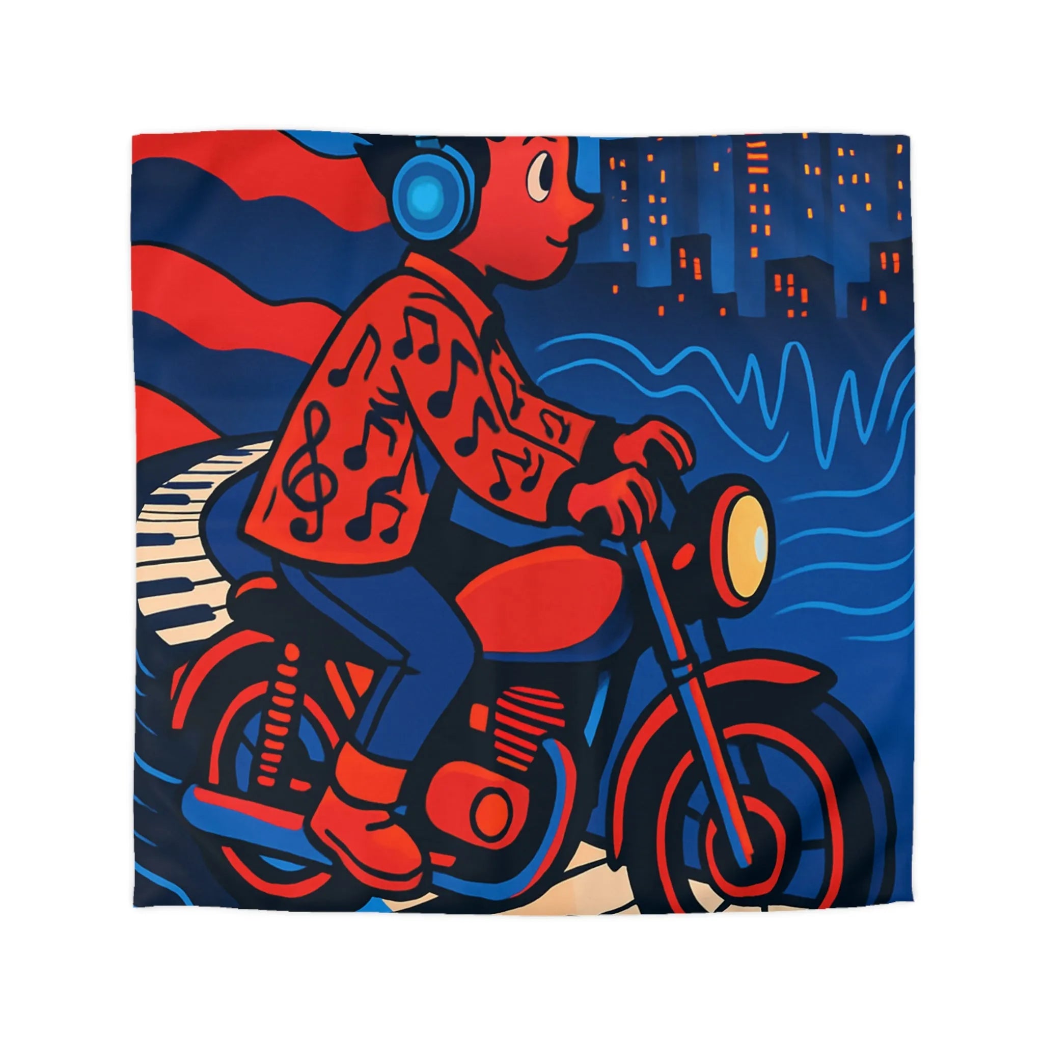 Housse de Couette Design Moderne: Motard Musicien dans Ville Lumineuse et Colorée