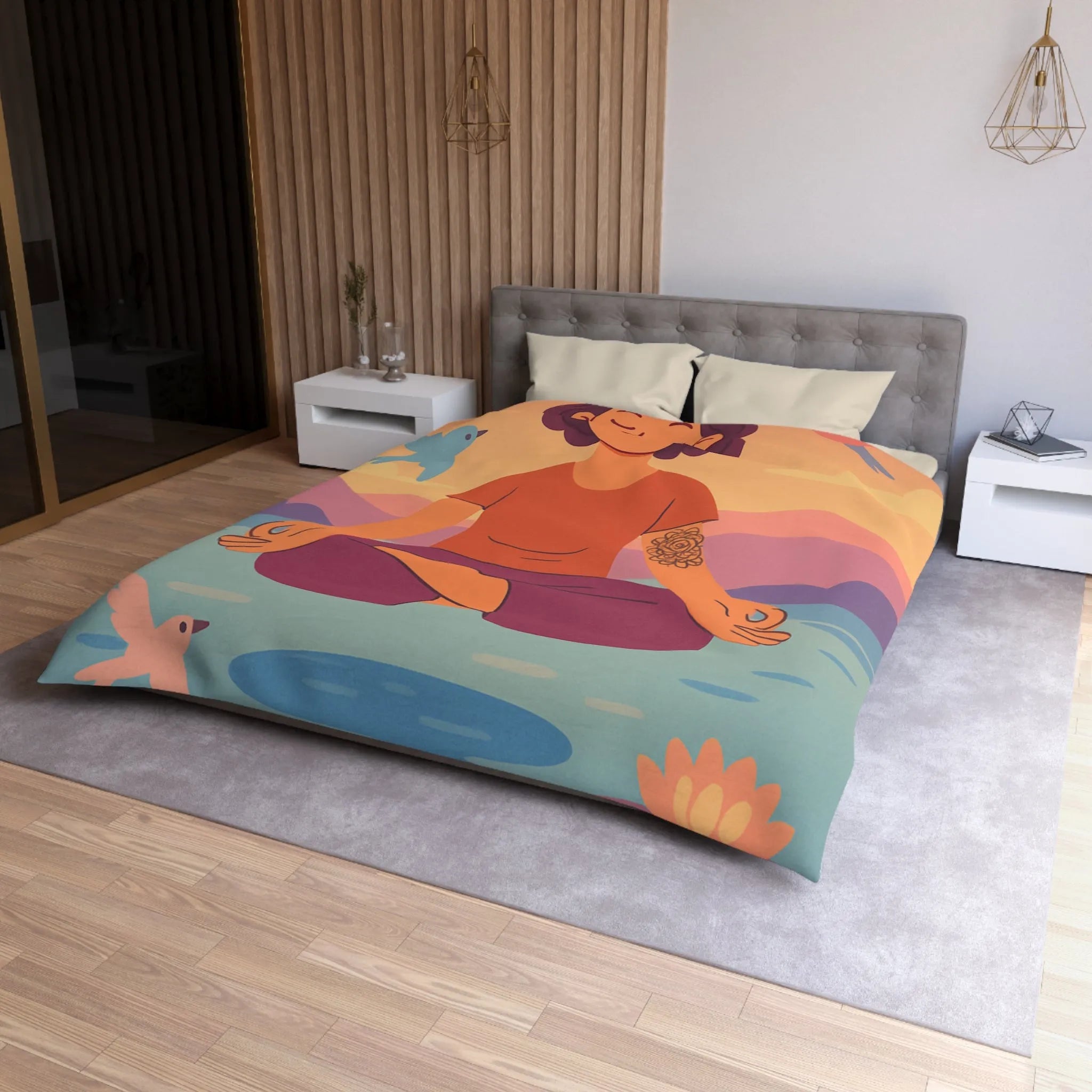 Housse de couette méditative avec motifs paisibles de nature et oiseaux colorés