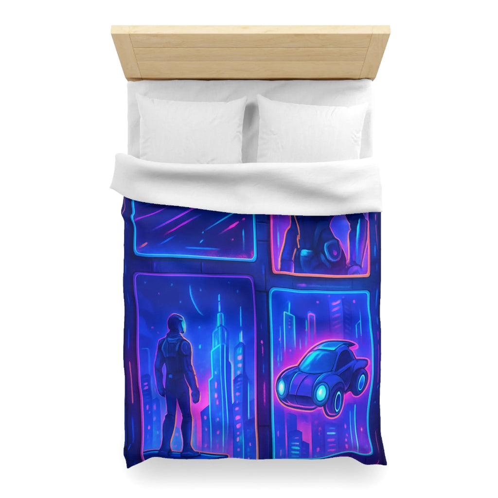 Couverture Futuriste Bleu Néon avec Silhouettes Humaines et Voitures Volantes Modernes